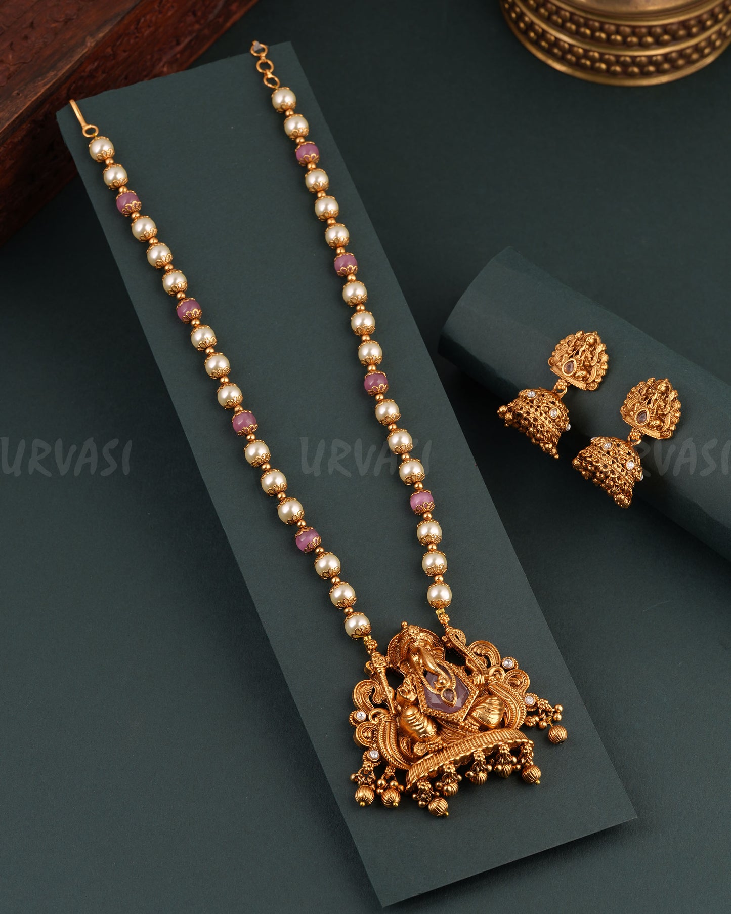 Gold-Toned Floral Ganesh Pearl Long Necklace 1702