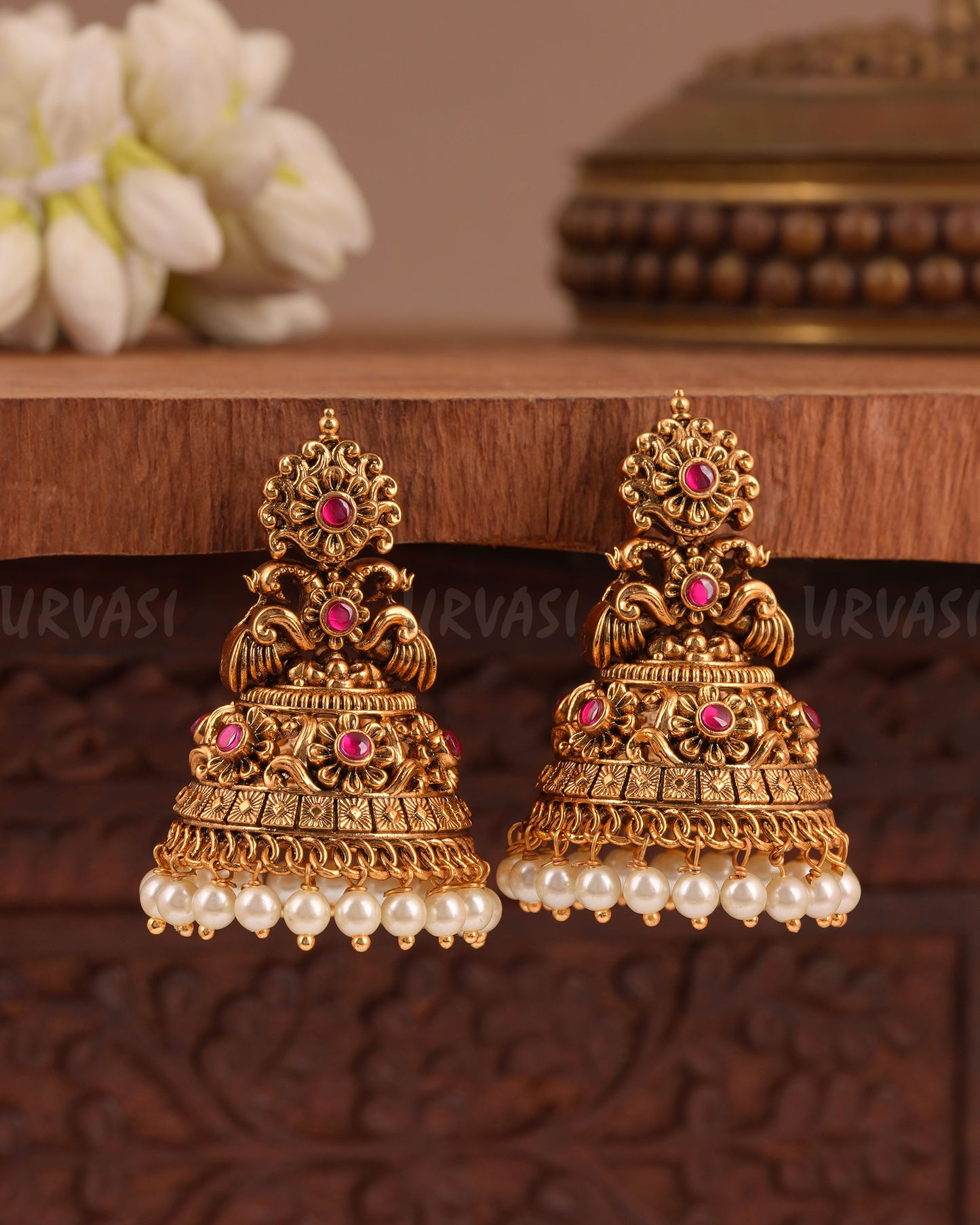Gold-Floral Peacock Jhumka Earrings ER 1011