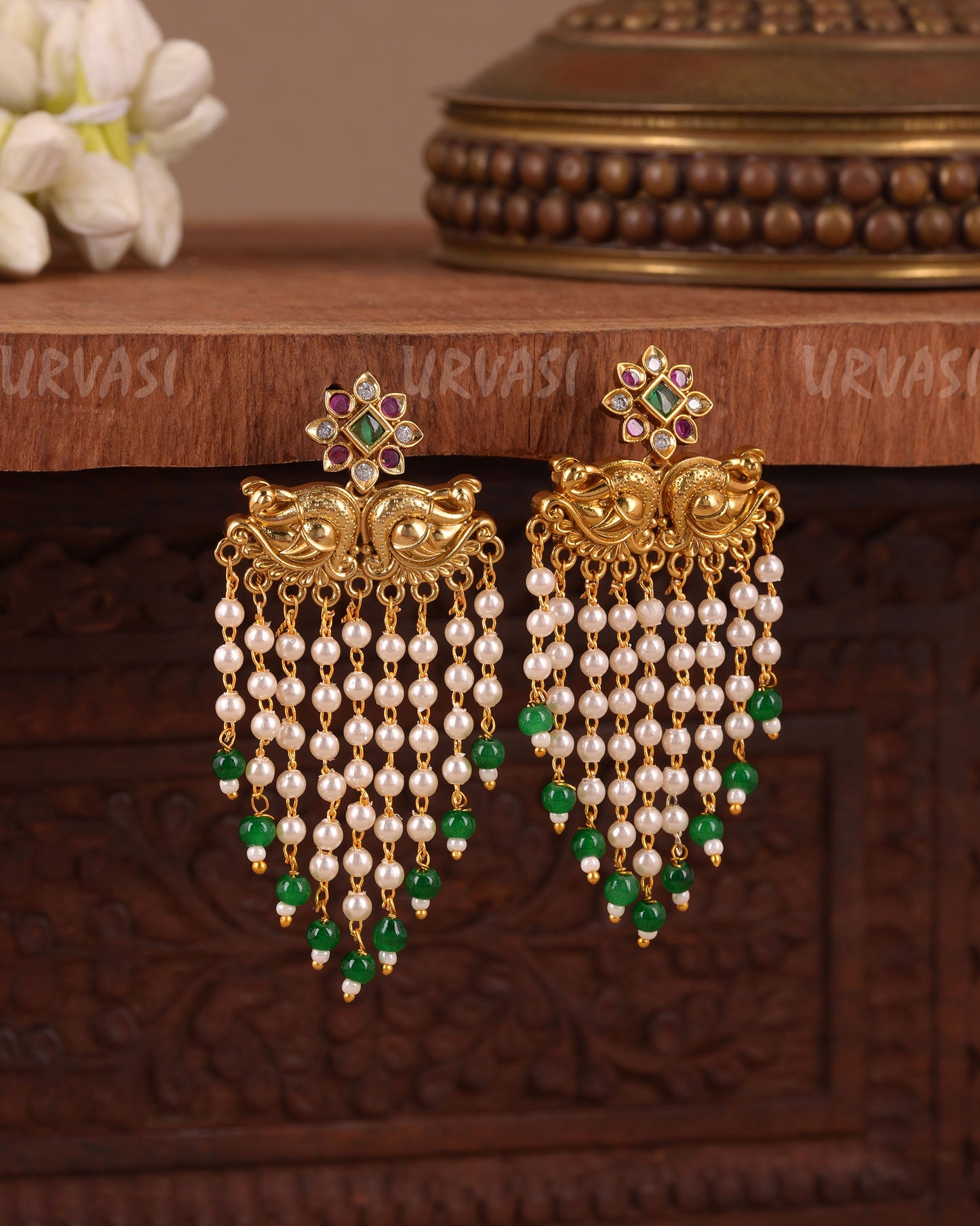 Gold-Floral Peacock Motif Pearl Hanging Earring ER 1054