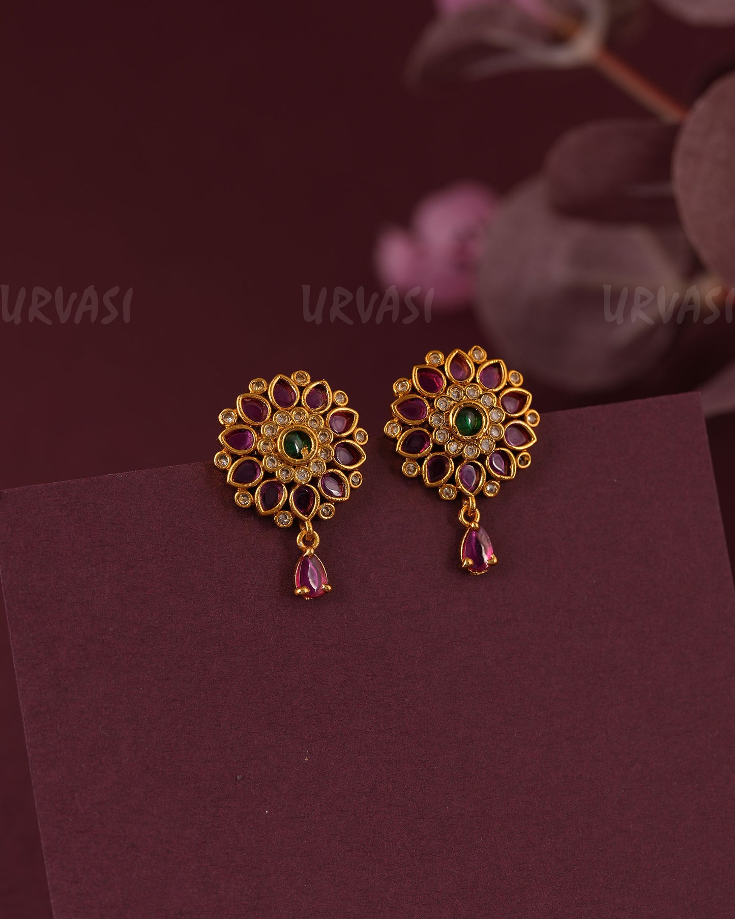 Gold-Toned Floral Kemp-Tear Drop Stud Earring ER 1124