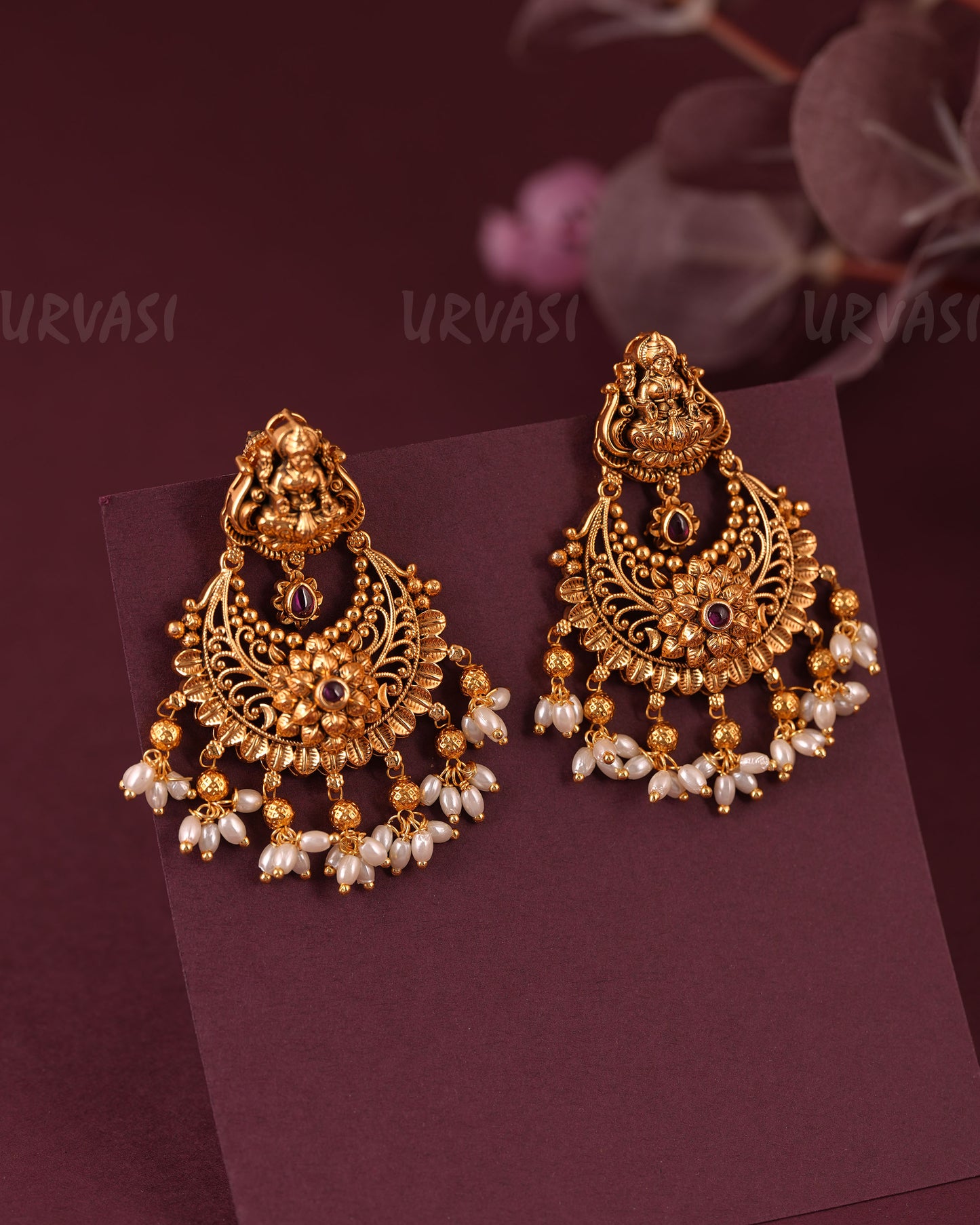 Gold-Floral Traditional Lakshmi Bead Hanging Earring ER 1112