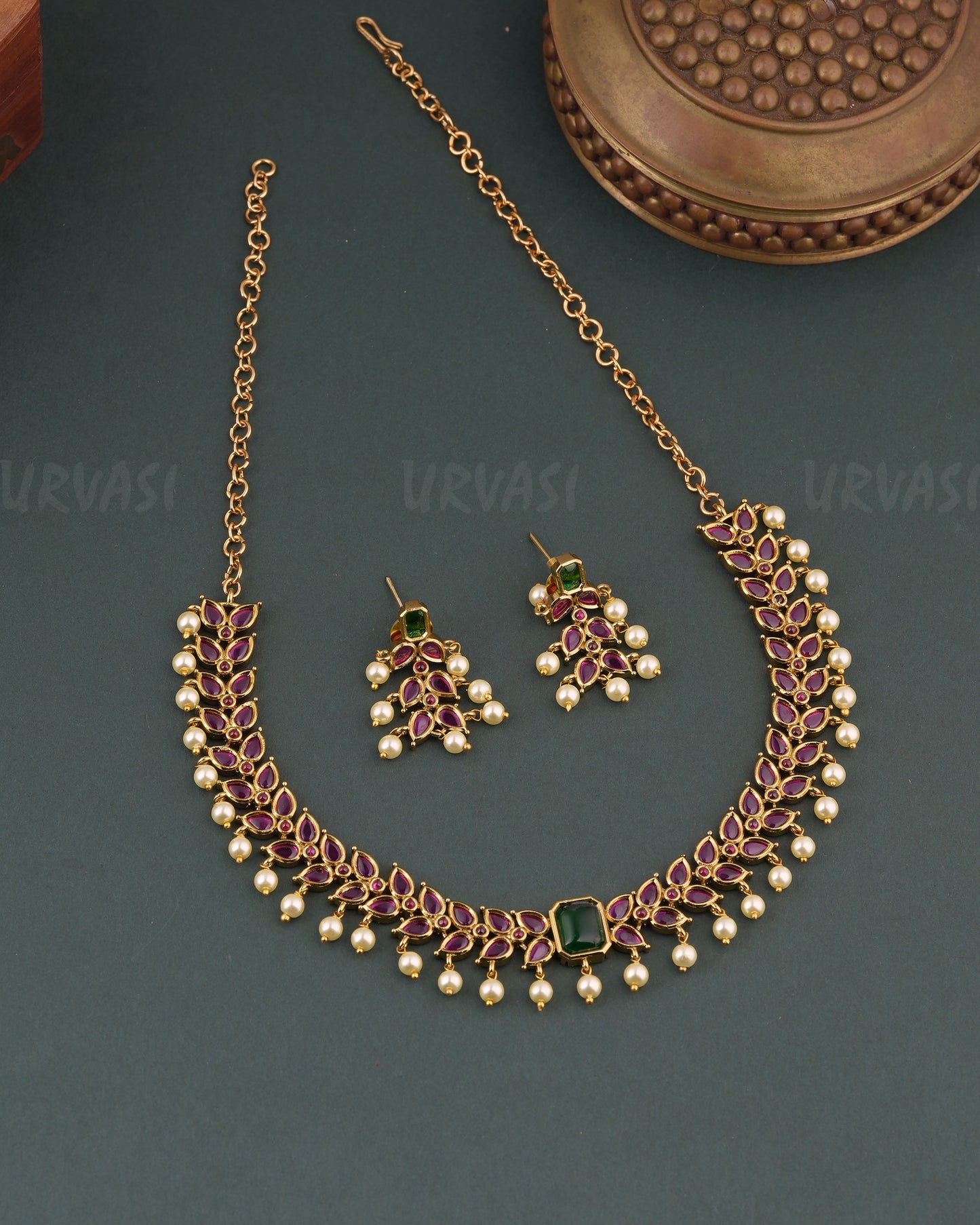 Mehendi Polish Leaf- Motif Pearl Drops Necklace 1754