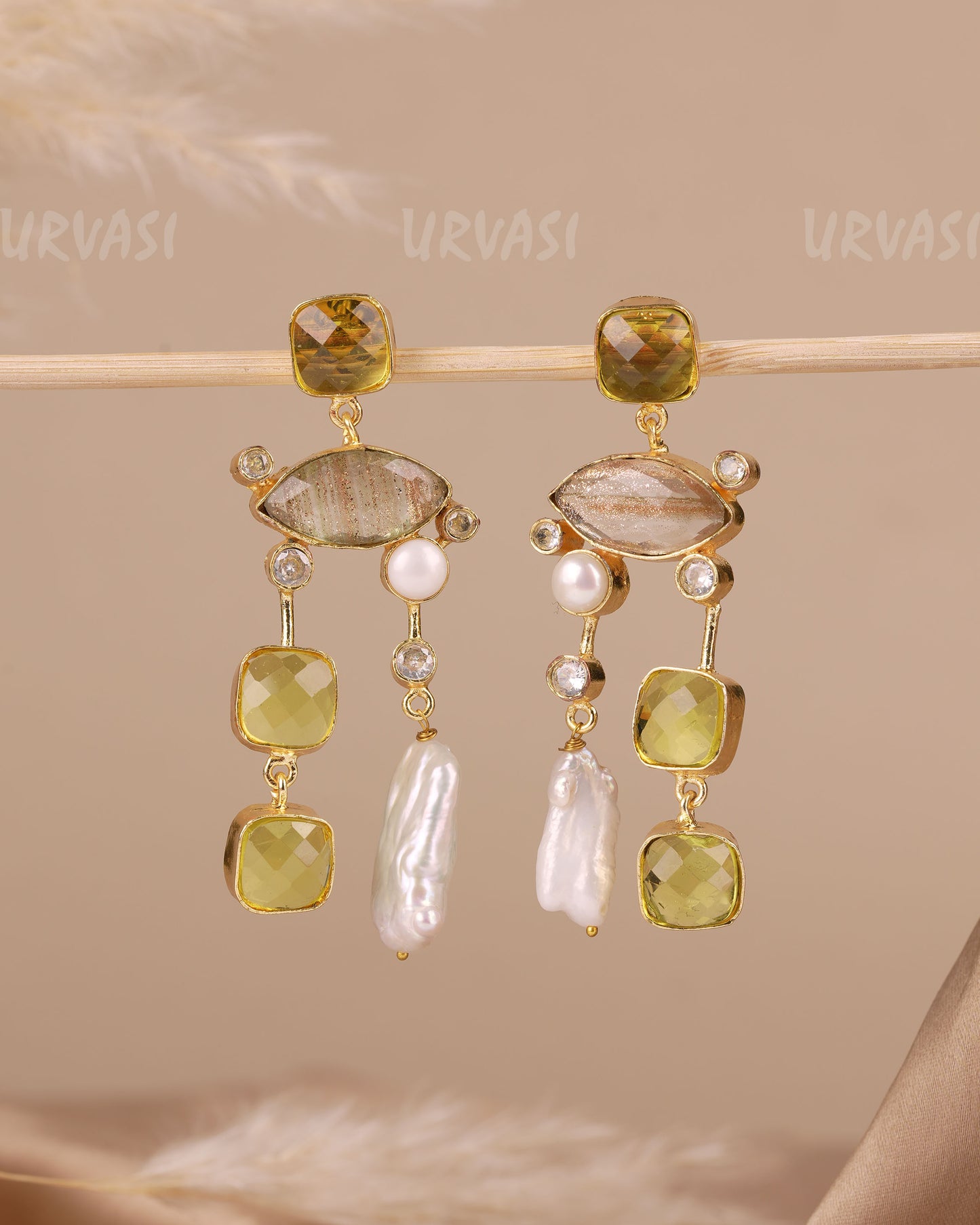 Gold-Multi-Stone Cushion-Cut Earring ER 1175