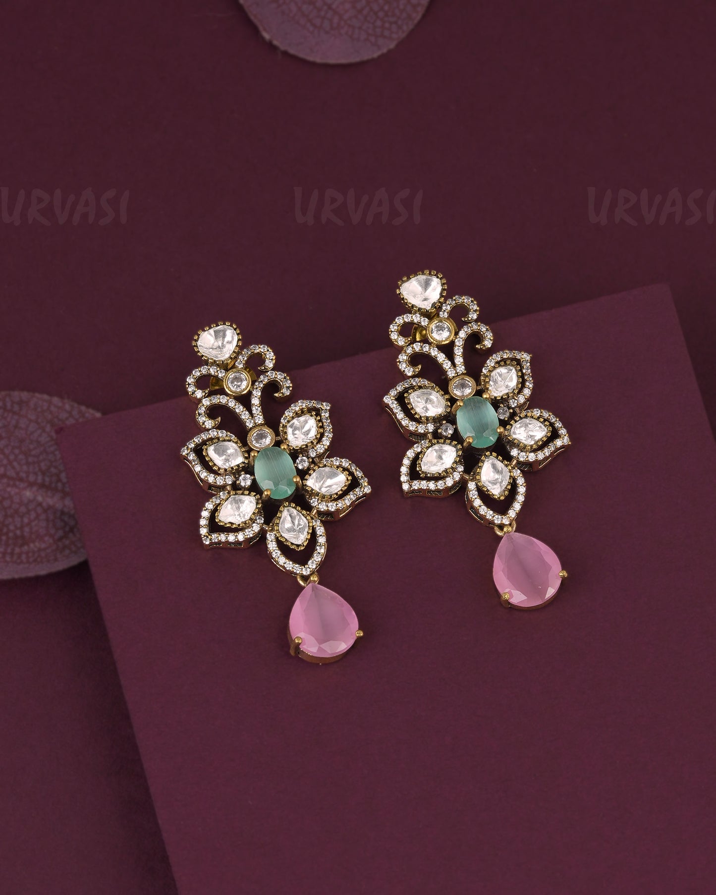 Gold-Floral Stone Drop Earring ER 1183