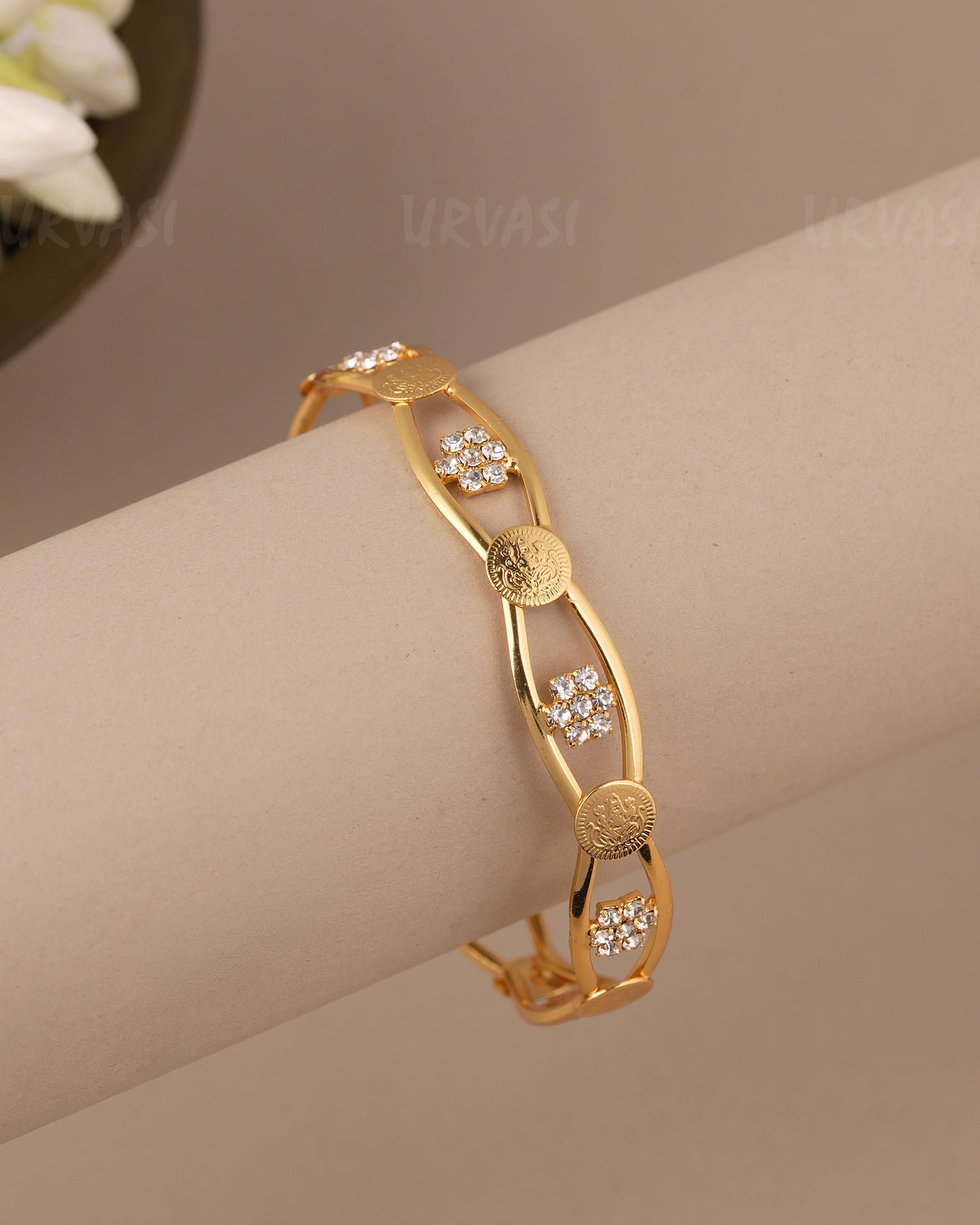 Gold-Polish Floral Traditional Kaasu Lakshmi Bangles BA 501