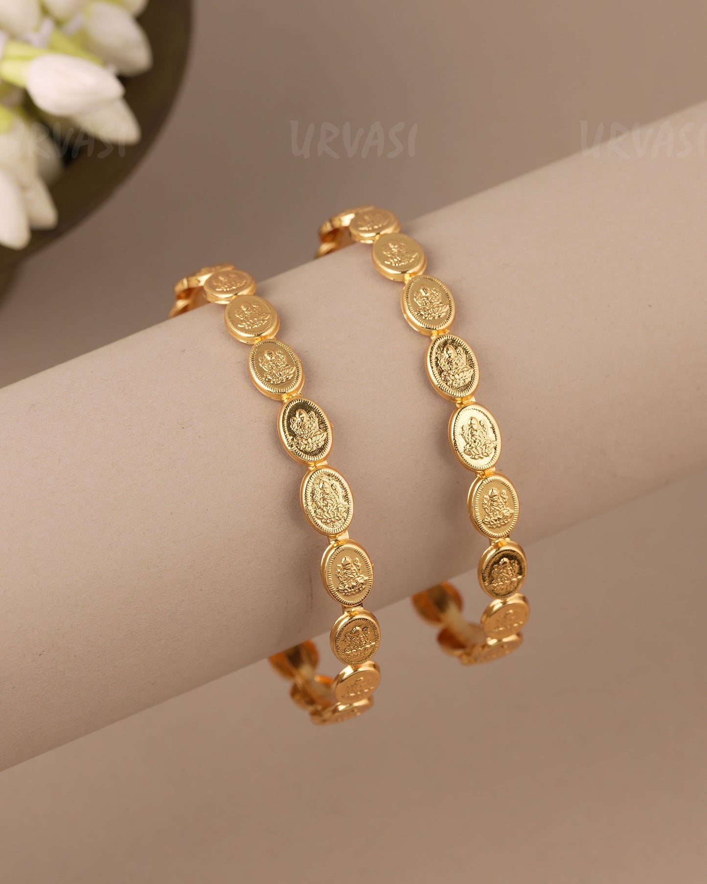 Gold-Polish Traditional Lakshmi Kaasu Copper Designed Bangles (Set Of Two) BA 500