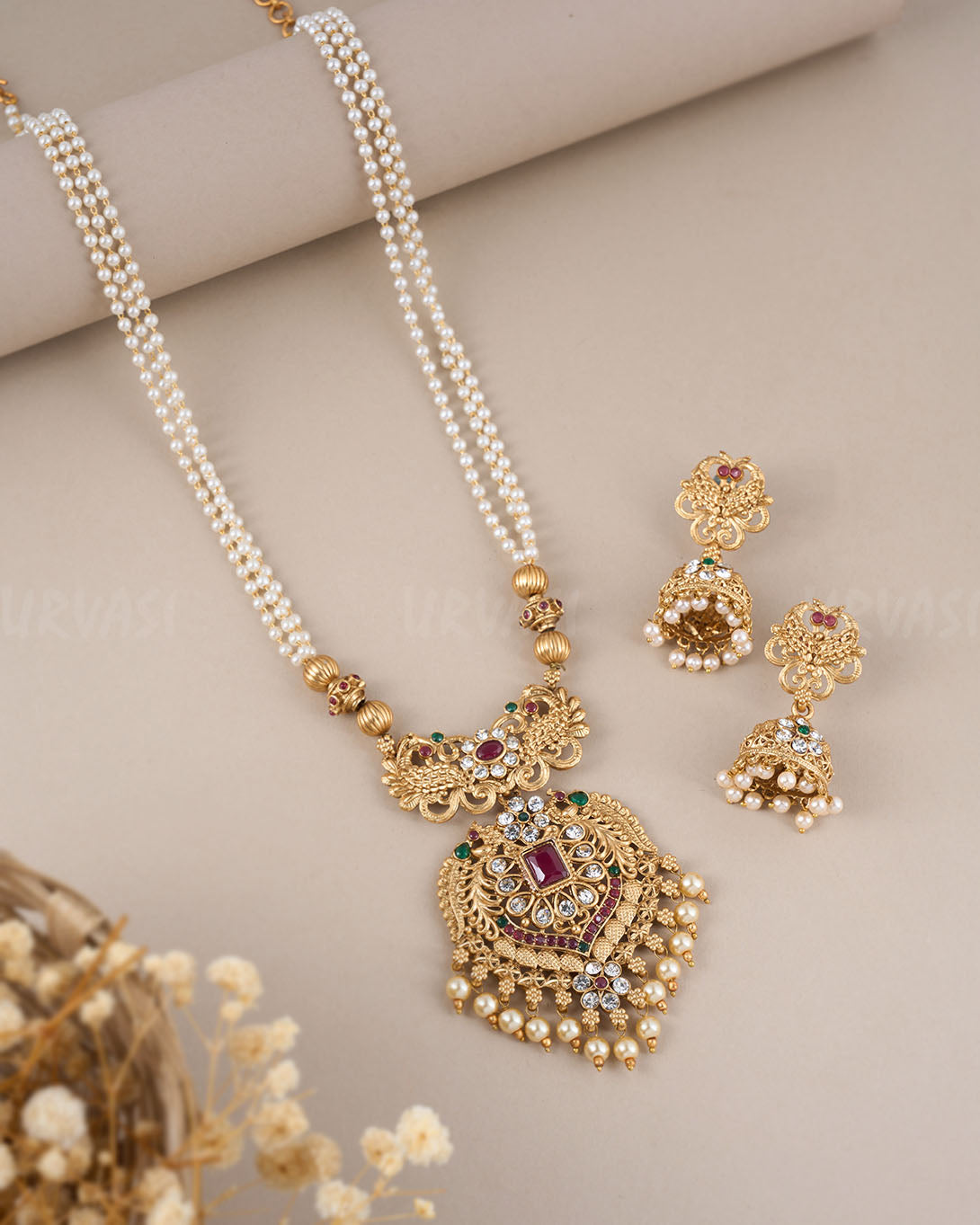 Gold Toned Floral Long Pearl Necklace 575