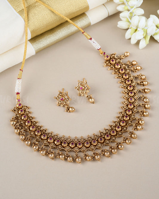 Premium Antique Golden Beaded Ruby Necklace 645