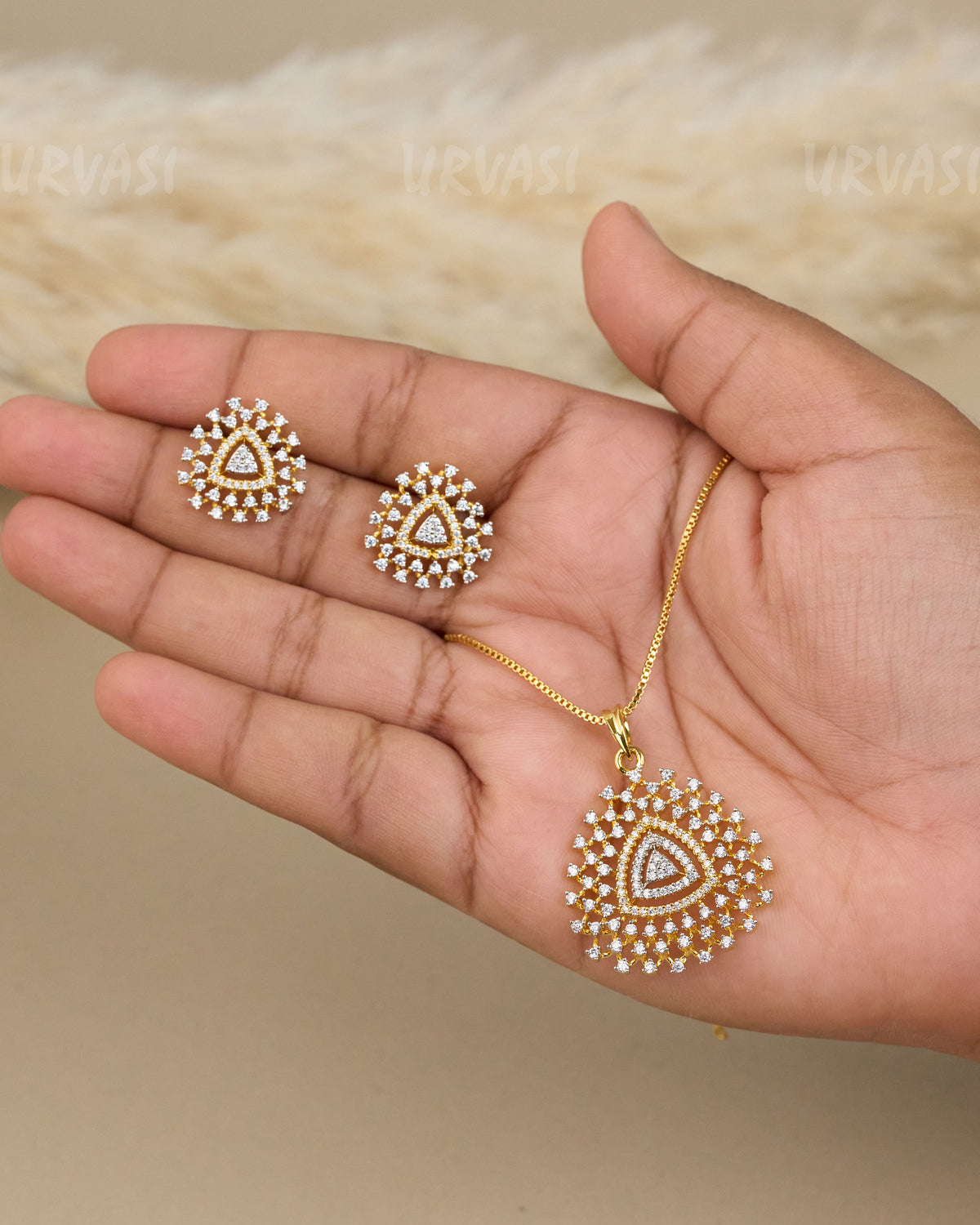 Gold-Toned Crystal Triangle Pendant Set PT 08