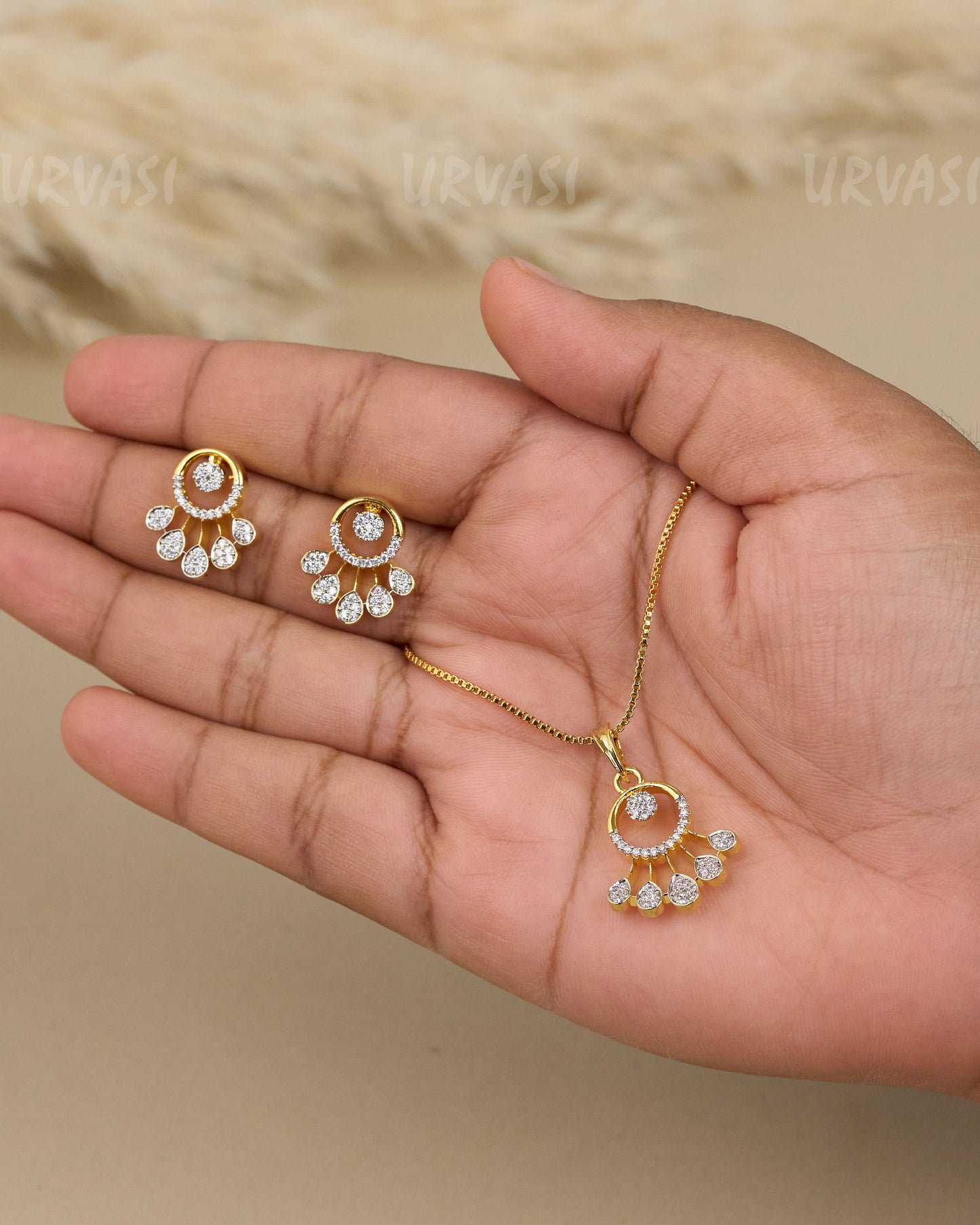 Gold-Toned Crystal Circle-Drop Pendant Set PT 011