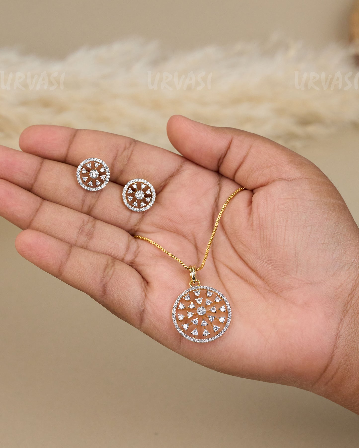 Gold-Toned Crystal Floral Wheel Pendant Set PT 012