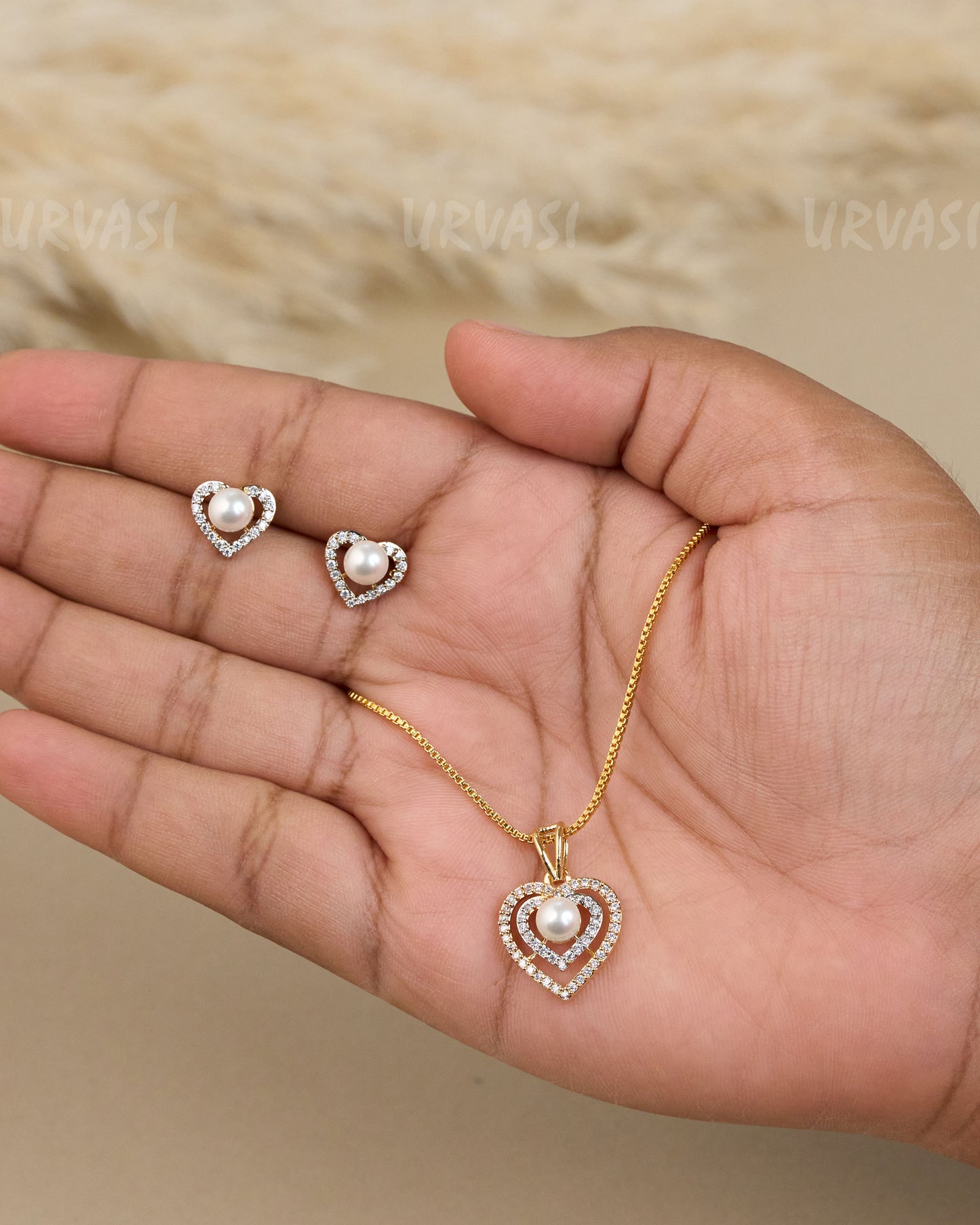 Gold-Toned Pearl Heart Pendant Set PN 05