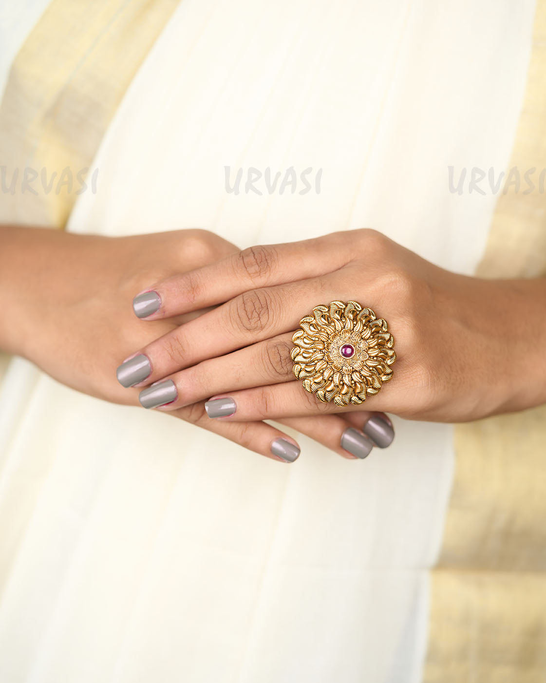 Gold-Toned Floral Ruby Stone Finger Ring FR 18