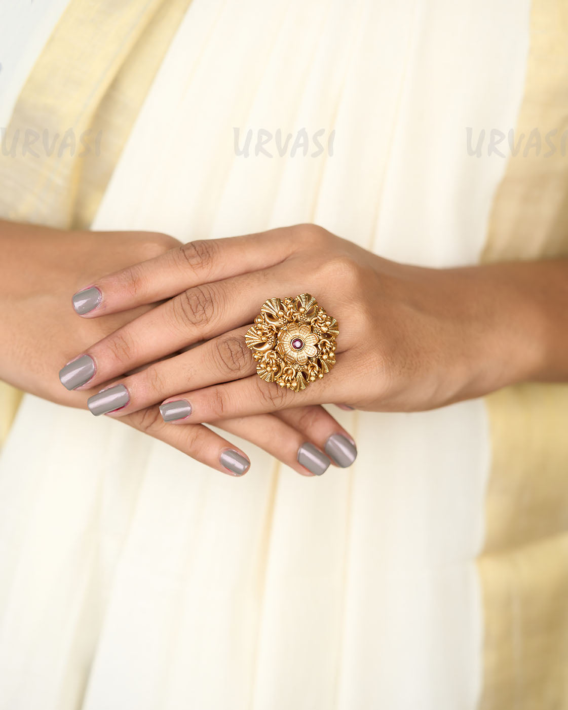 Gold-Toned Floral Motif Finger Ring FR 24