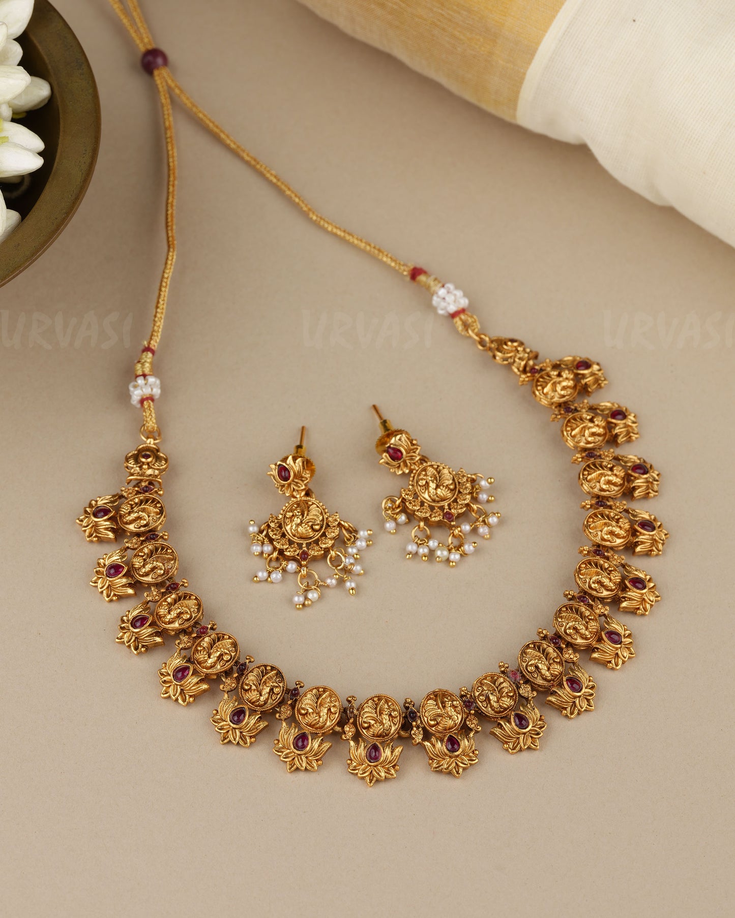 Gold-Toned Traditional Peacock lotus Necklace 1849