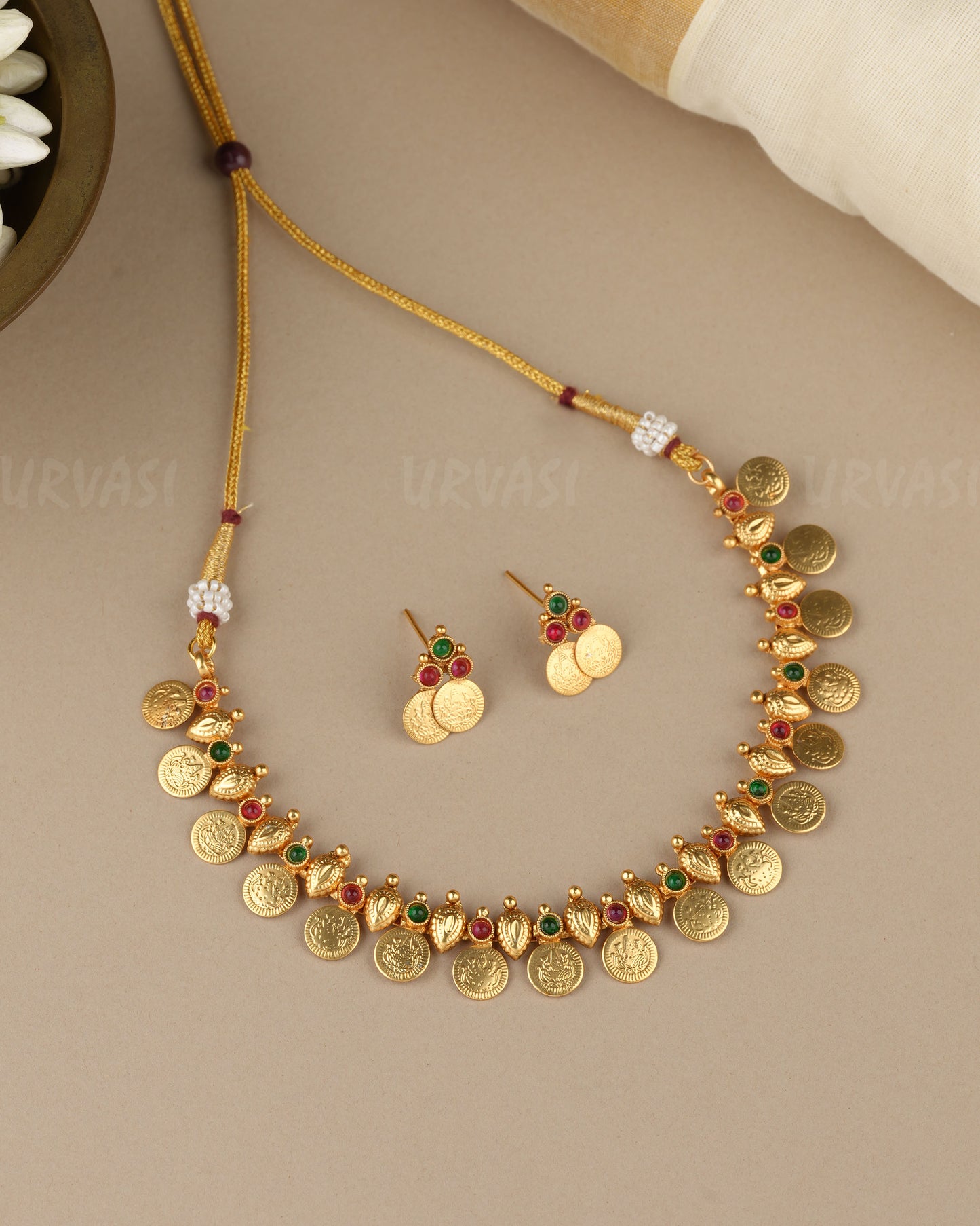 Gold-Toned Traditional Lakshmi Kaasu Necklace 1843