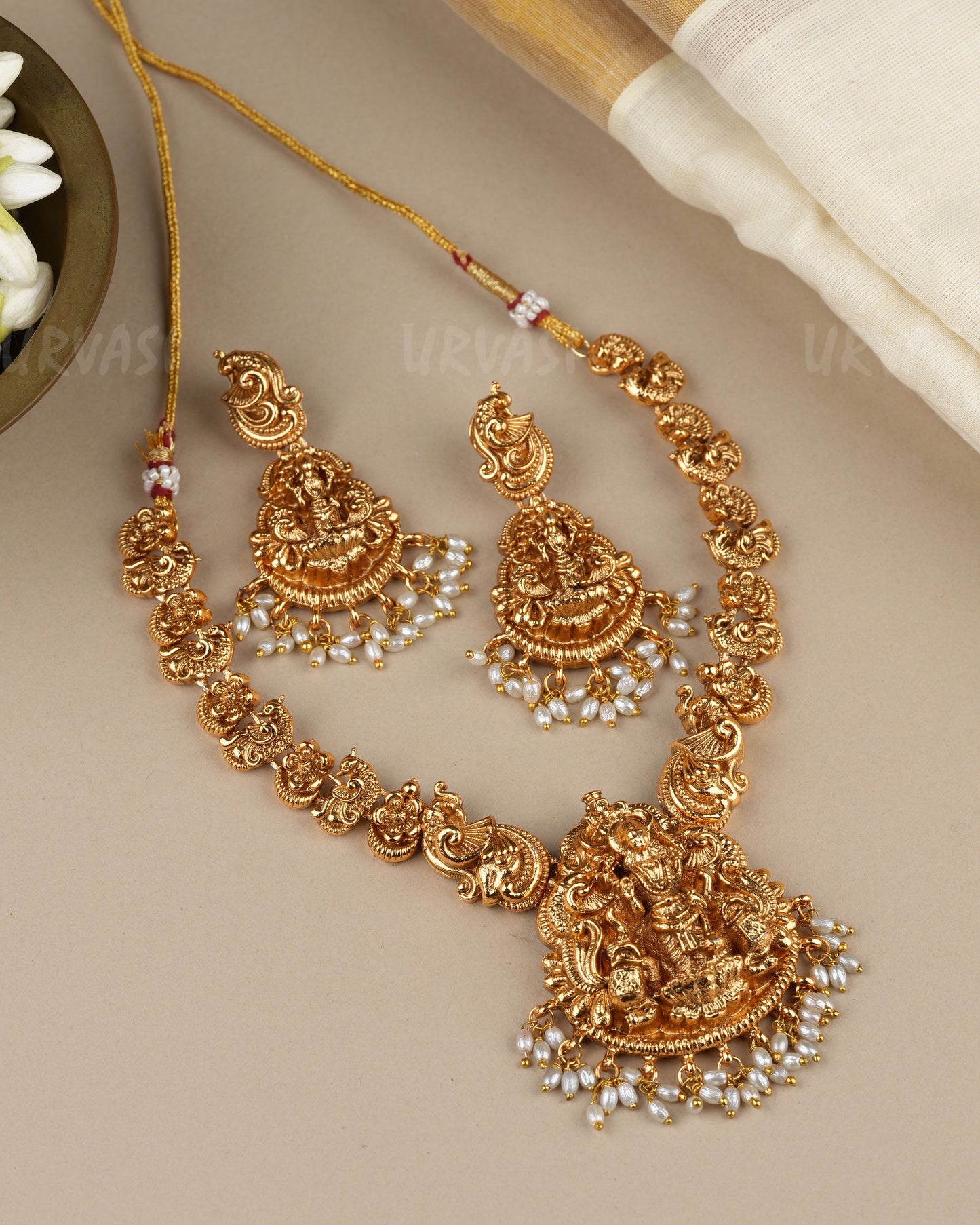 Gold-Toned Traditional Lakshmi Peacock Necklace 1868