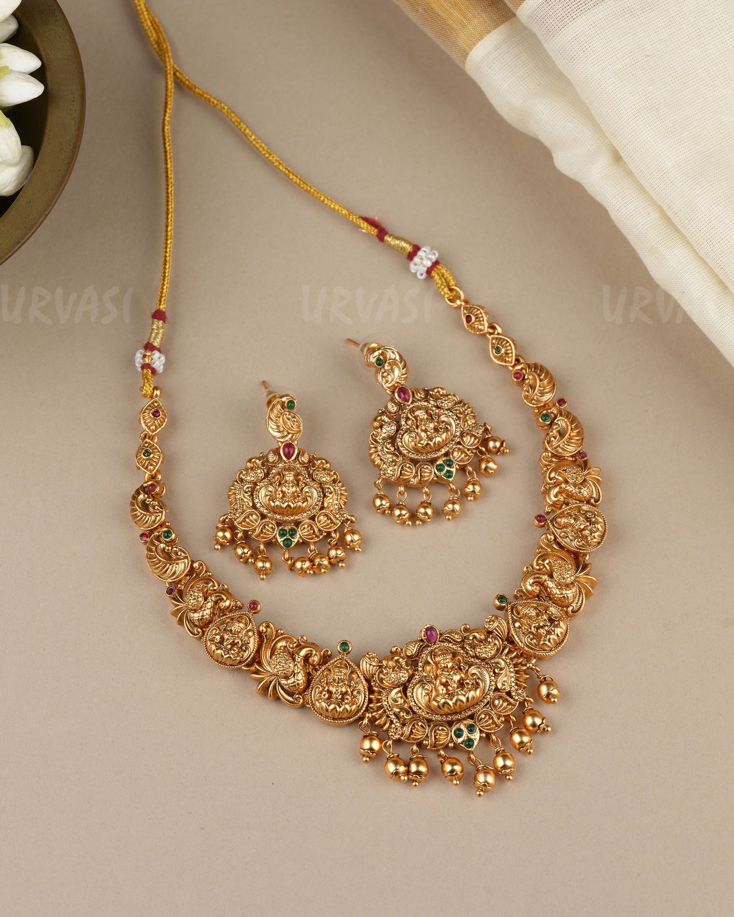Gold-Toned Traditional Peacock Lakshmi Necklace 1867