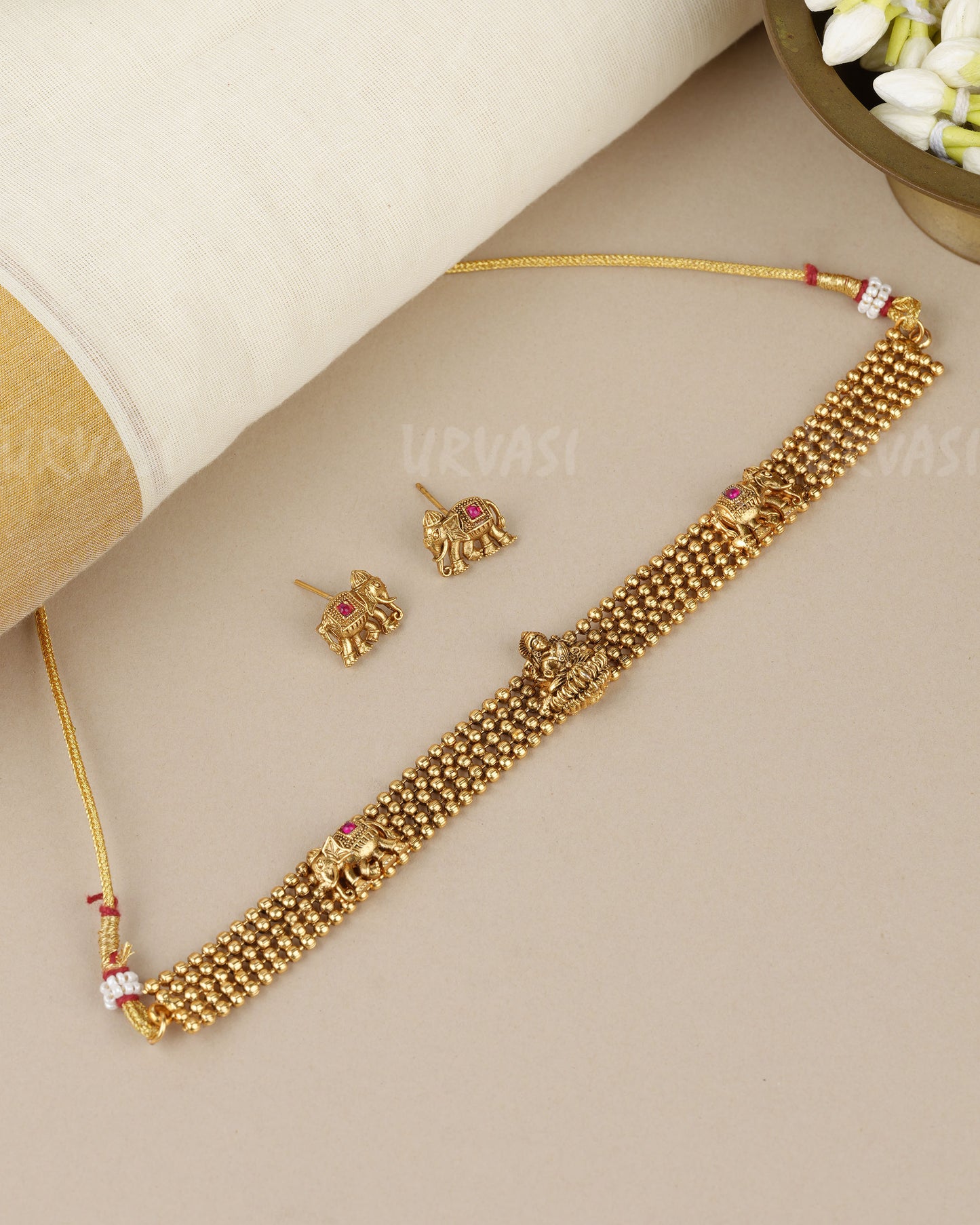 Gold-Toned Traditional Lakshmi Elephant Choker Necklace 1854