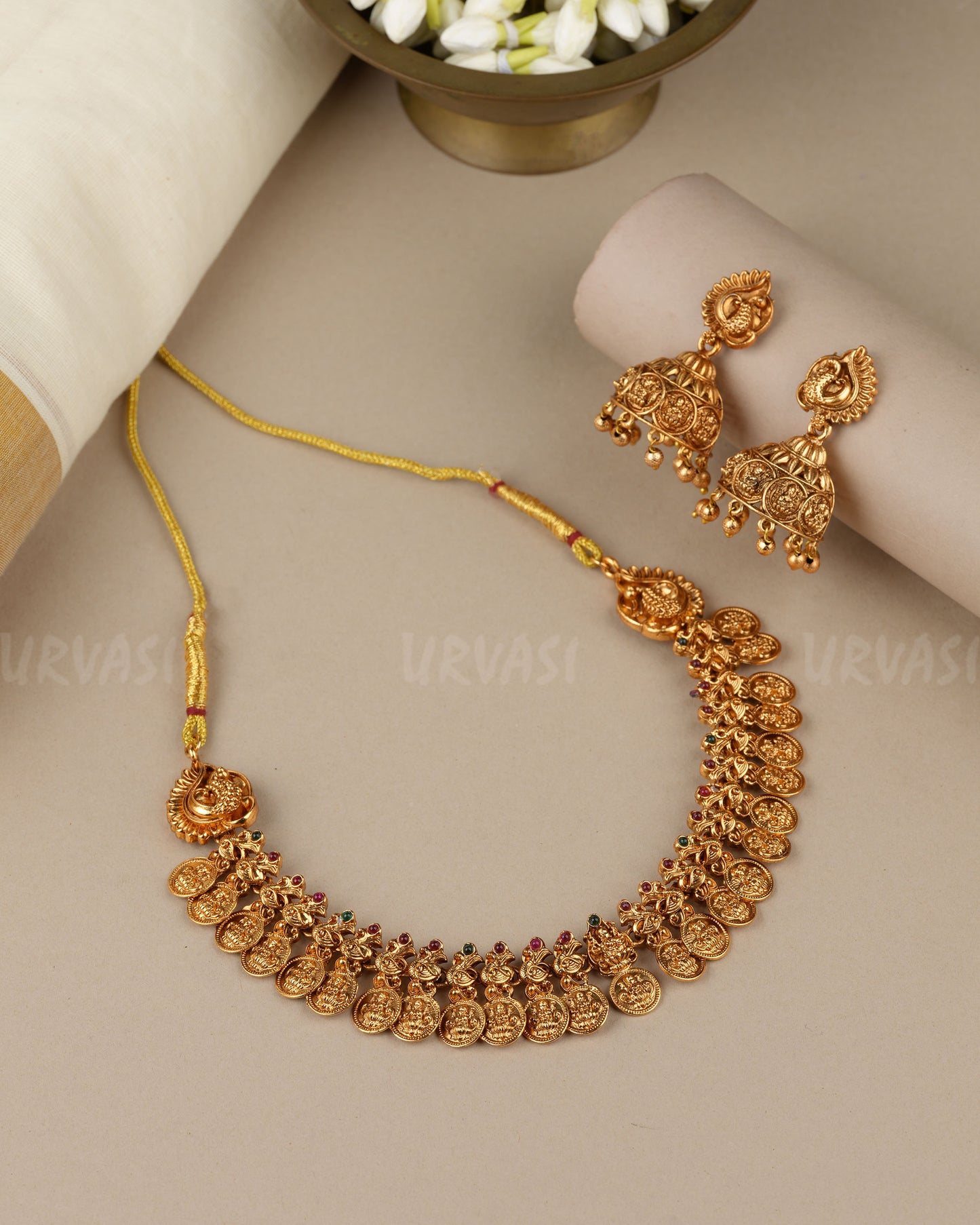 Gold-Toned Traditional Lakshmi Peacock Kaasu Necklace 1859