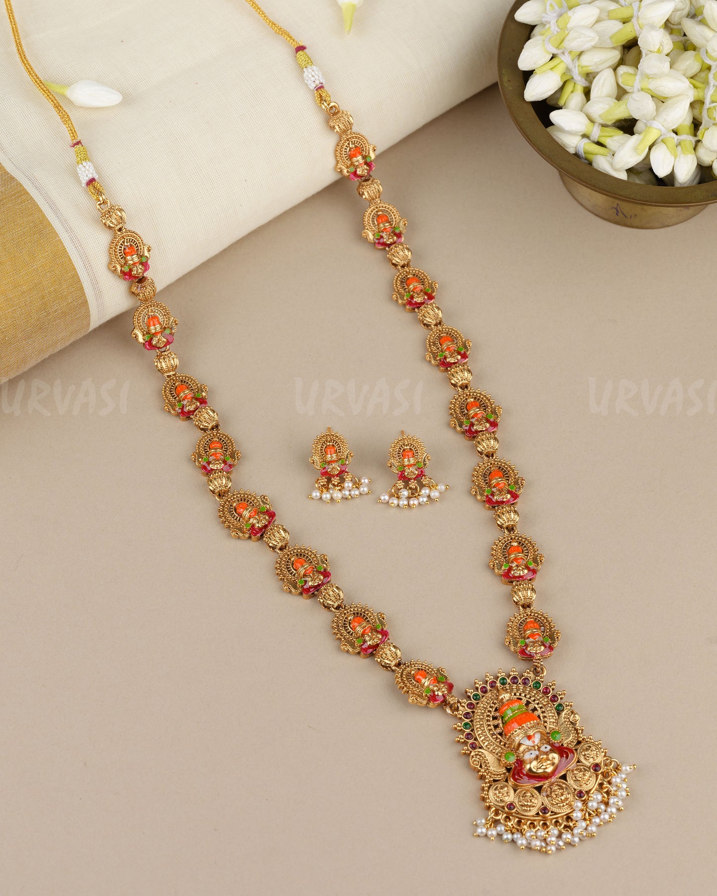 Gold-Toned Traditional Kathakali Enamel Beaded Pendent Long Necklace 1901