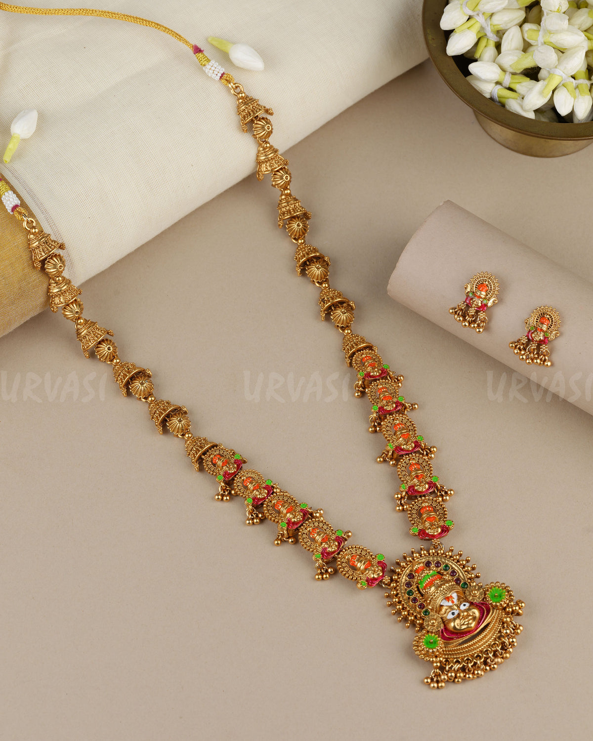 Gold-Toned Traditional Kathakali Enamel Beaded Pendant Long Necklace 1902