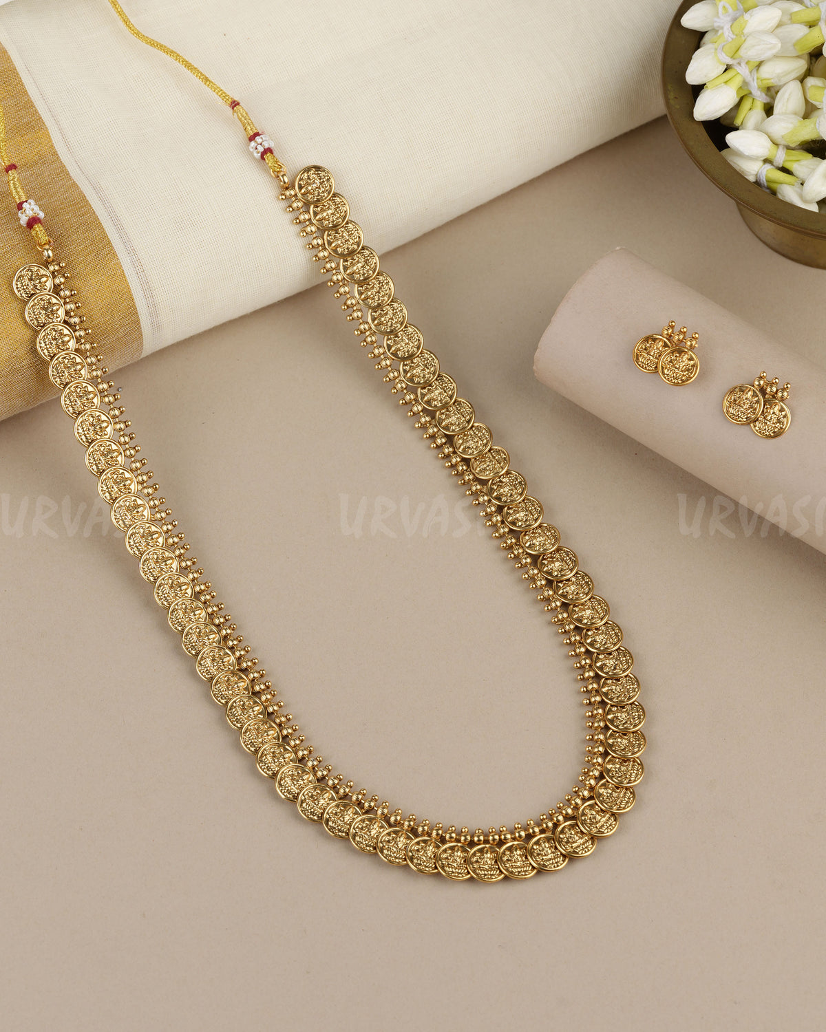 Gold-Toned Traditional Lakshmi Kaasu Long Necklace 1891