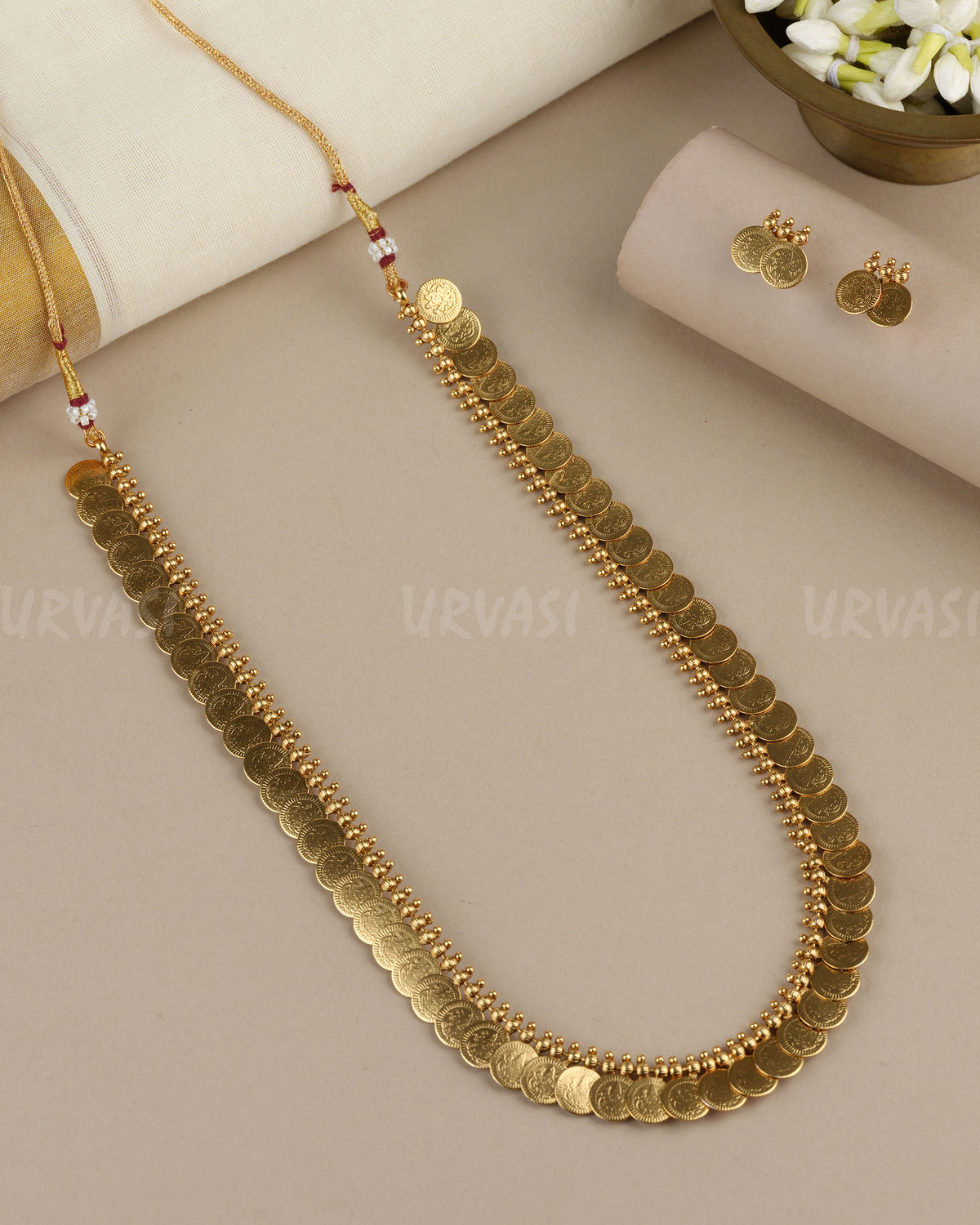 Gold-Toned Traditional Lakshmi Kaasu Long Necklace 1890