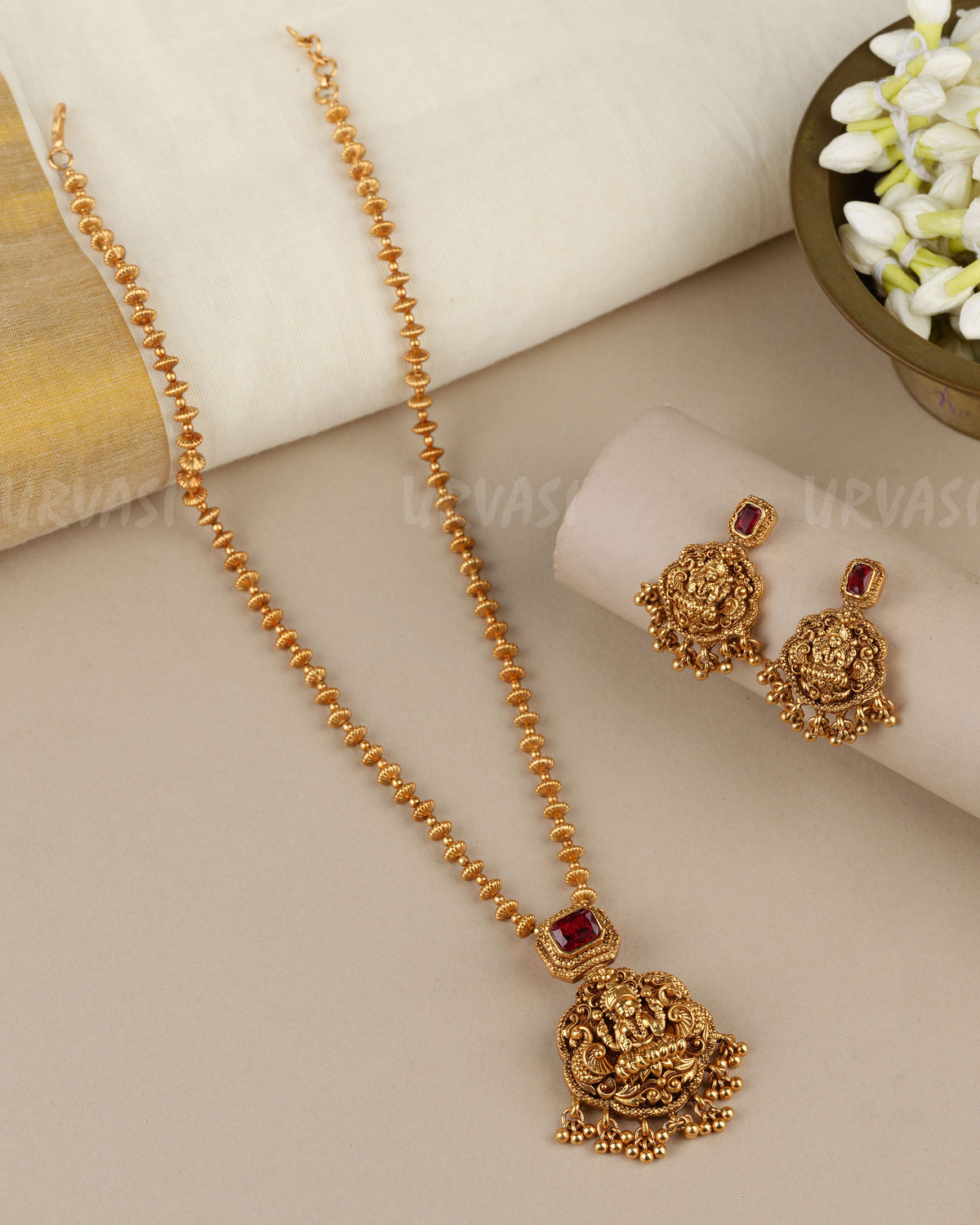Gold-Toned Traditional Lakshmi Peacock Pendent Long Necklace 1878