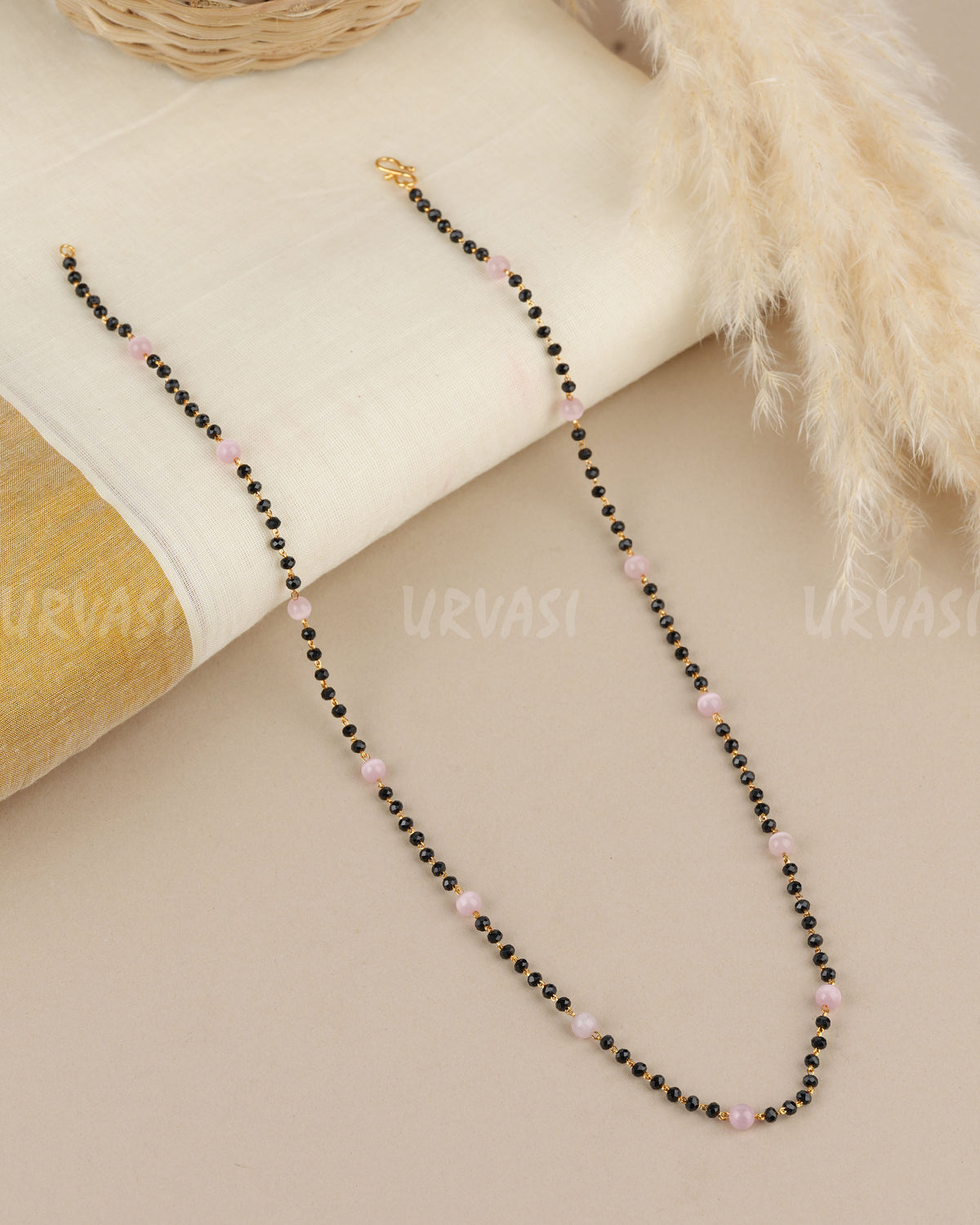 Gold-Toned single-line black bead chain Mala MA 189