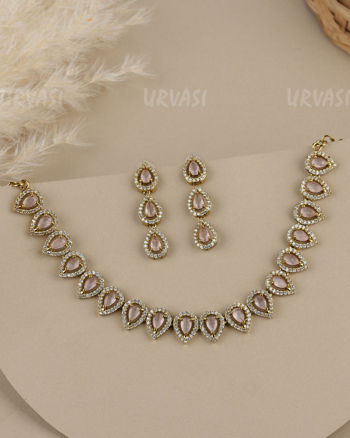 Mehendi Polish Leaf-Shaped Stone Motifs AD Necklace 1944