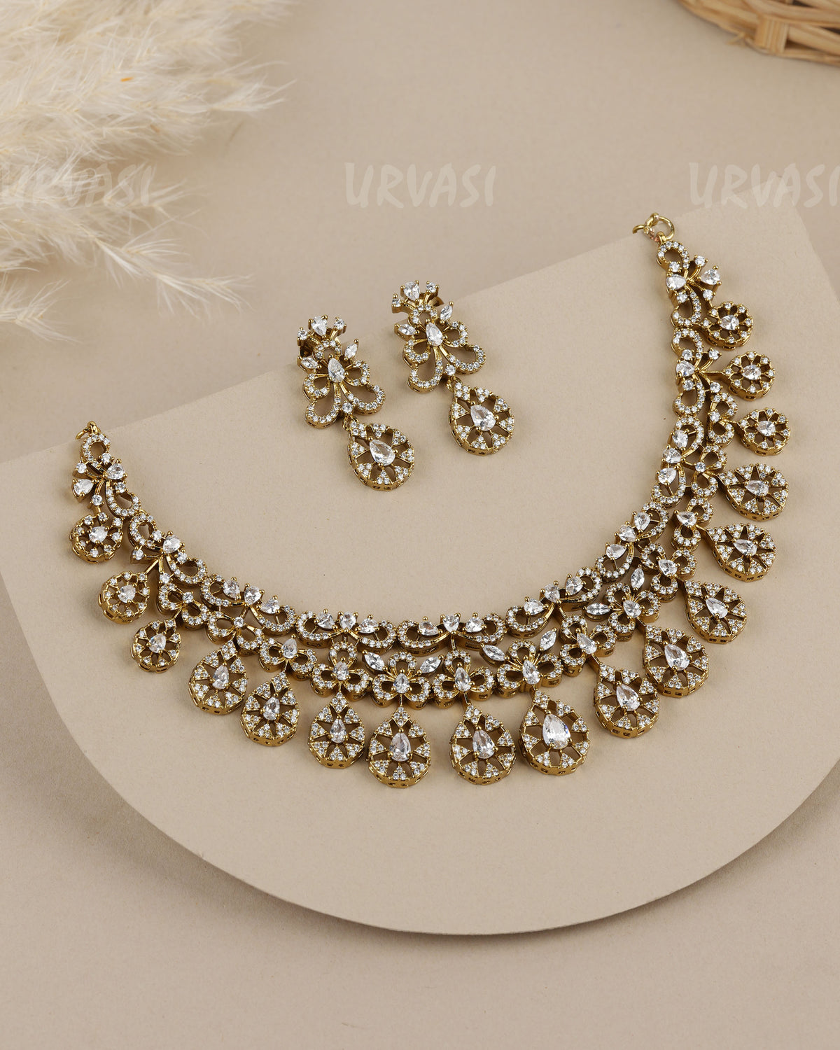 Mehendi Polish Teardrop Zirconia Stones AD Necklace 1959