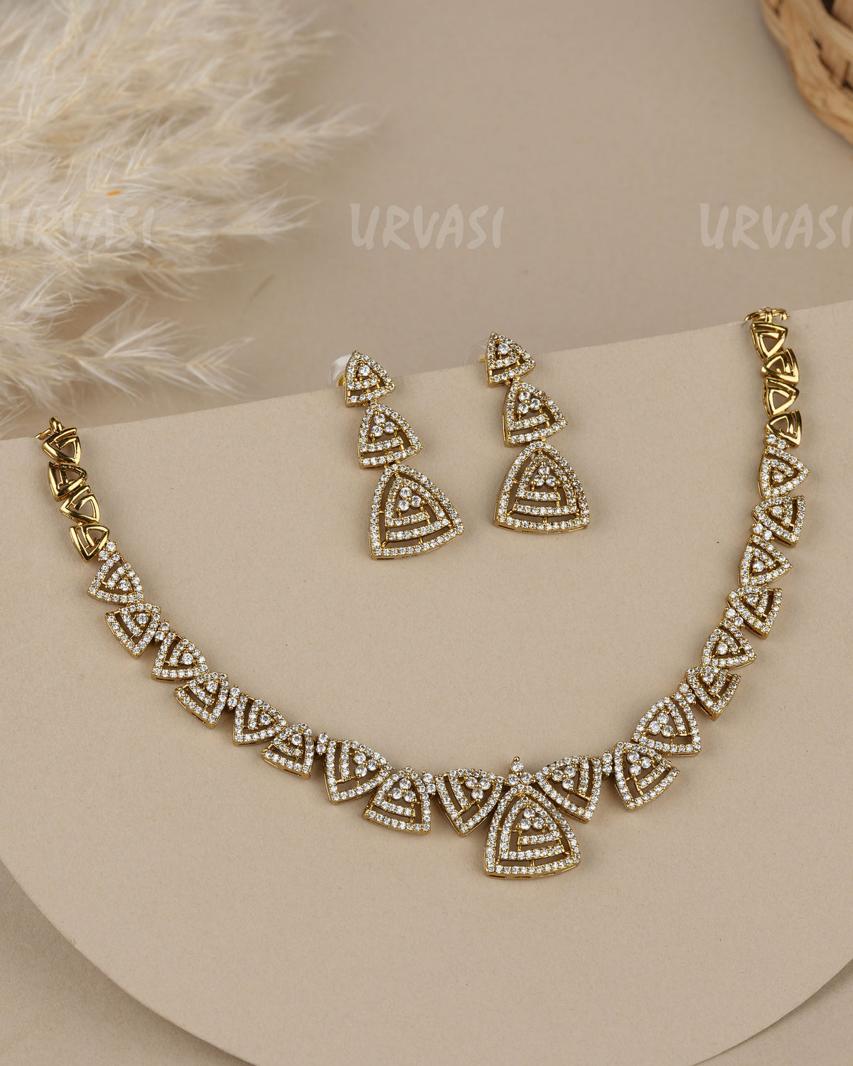 Mehendi Polish Triangle Designed AD Necklace 1947