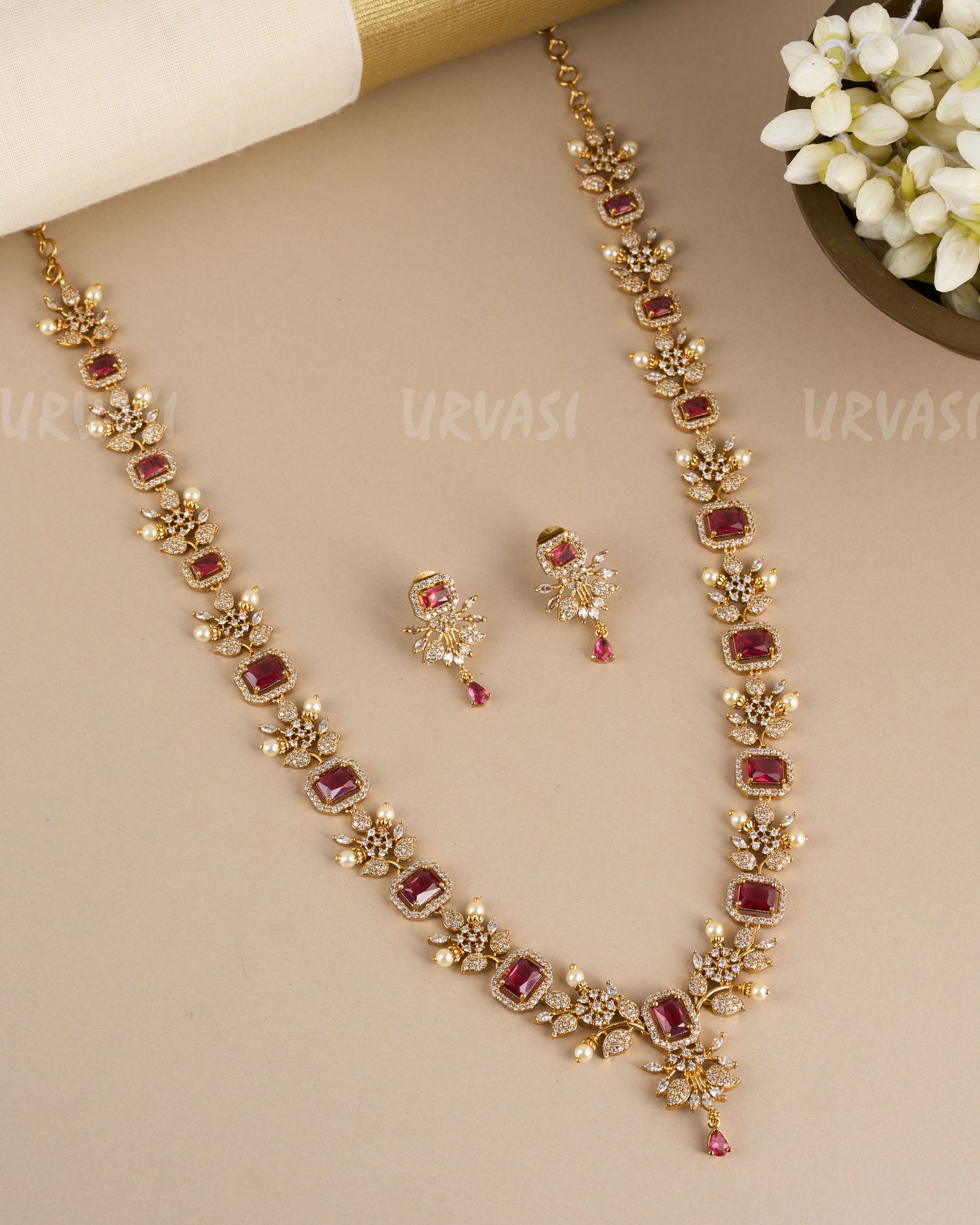Gold-Toned Freya AD Ruby Floral Long Necklace 172