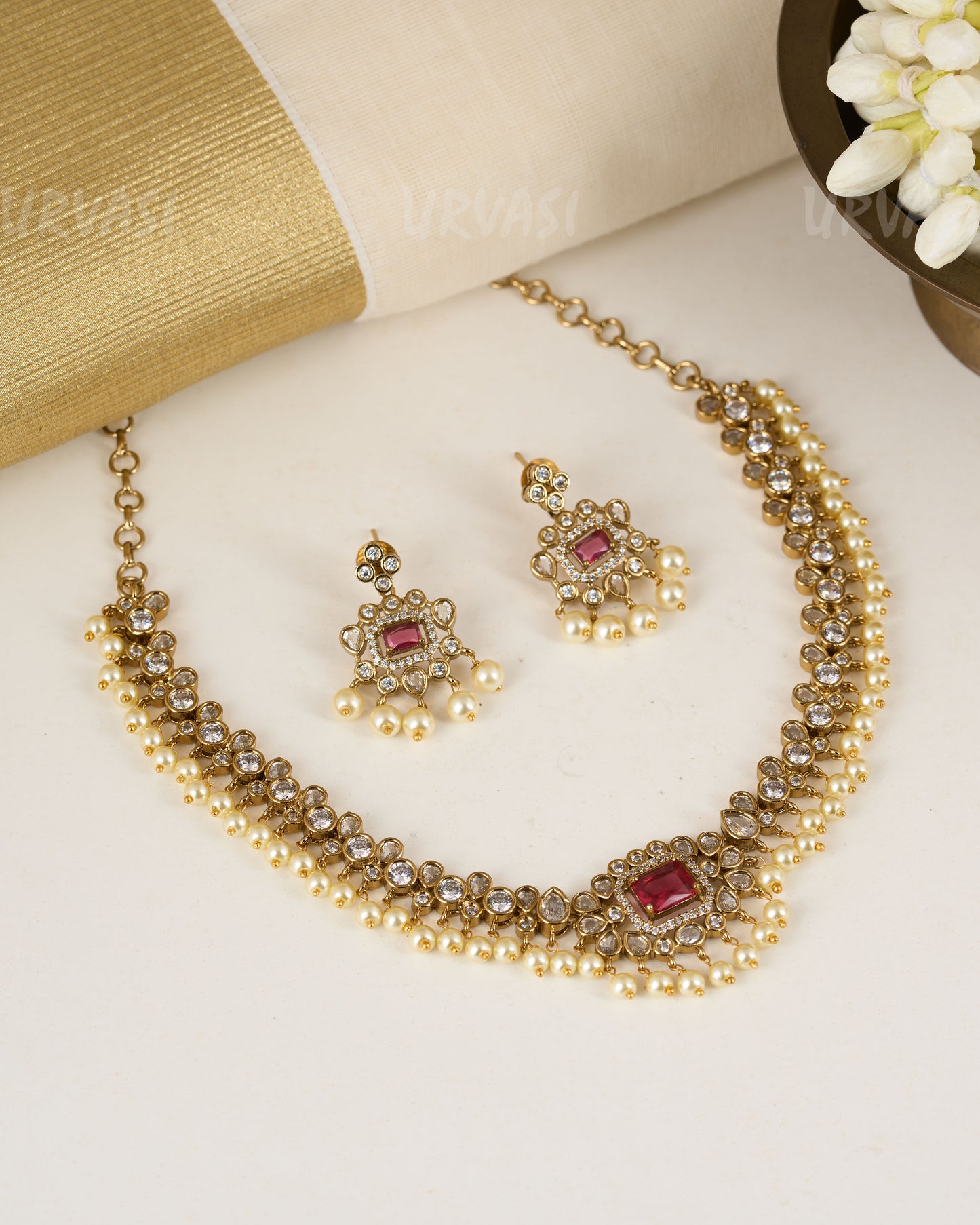 Ruby stone and Pearl drop Necklace 827