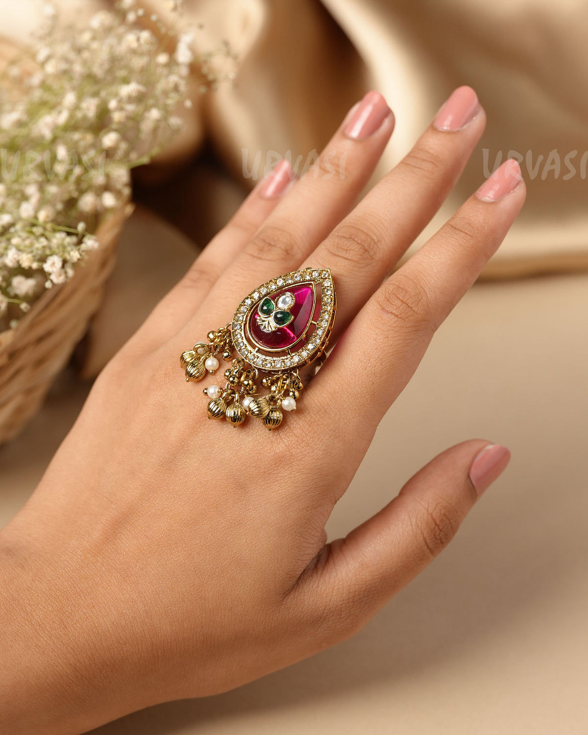 Gold-Toned Kundan Statement Ring-Beaded Danglers Finger Ring FR 137