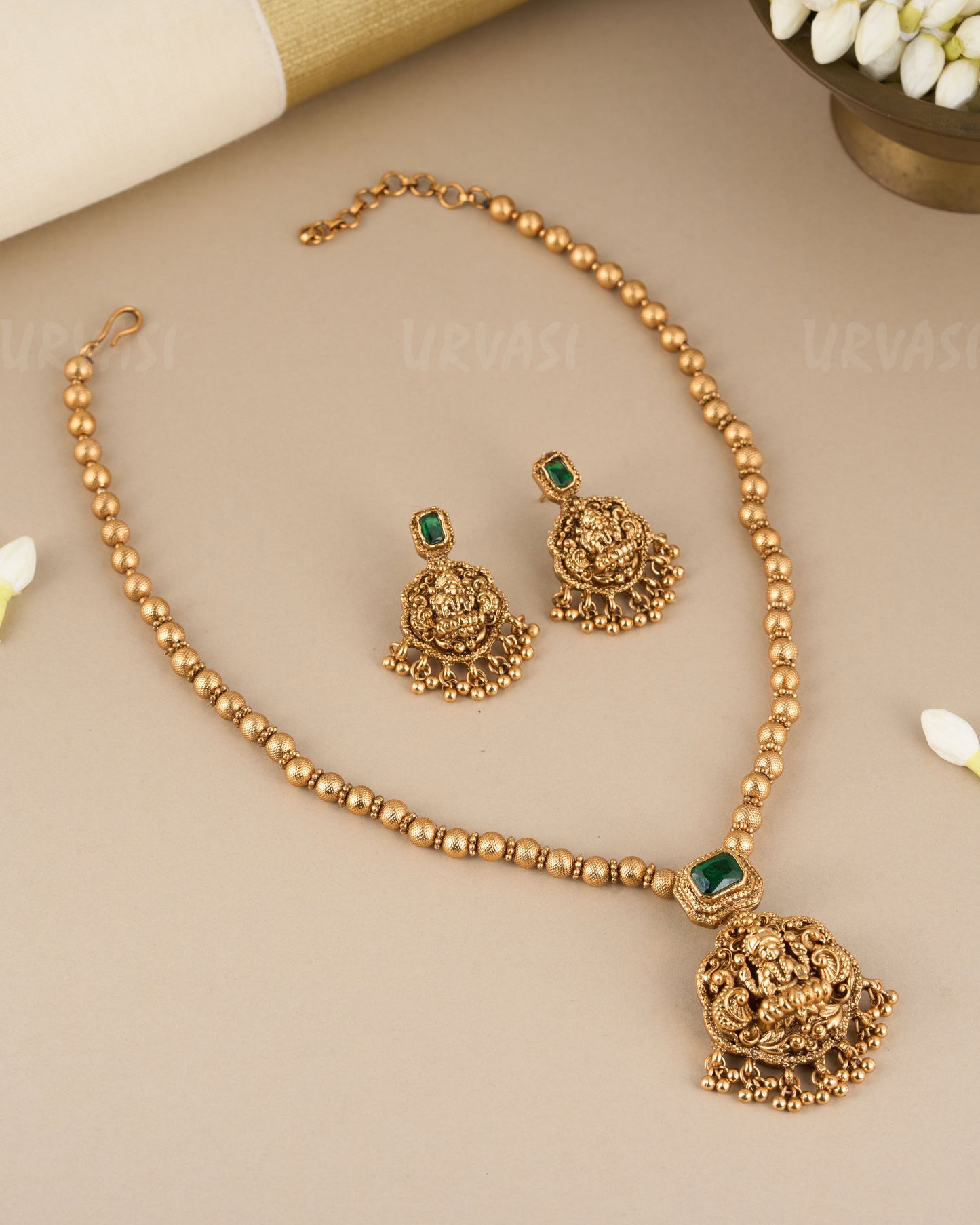 Gold-Toned Lakshmi Emerald Long Necklace 118