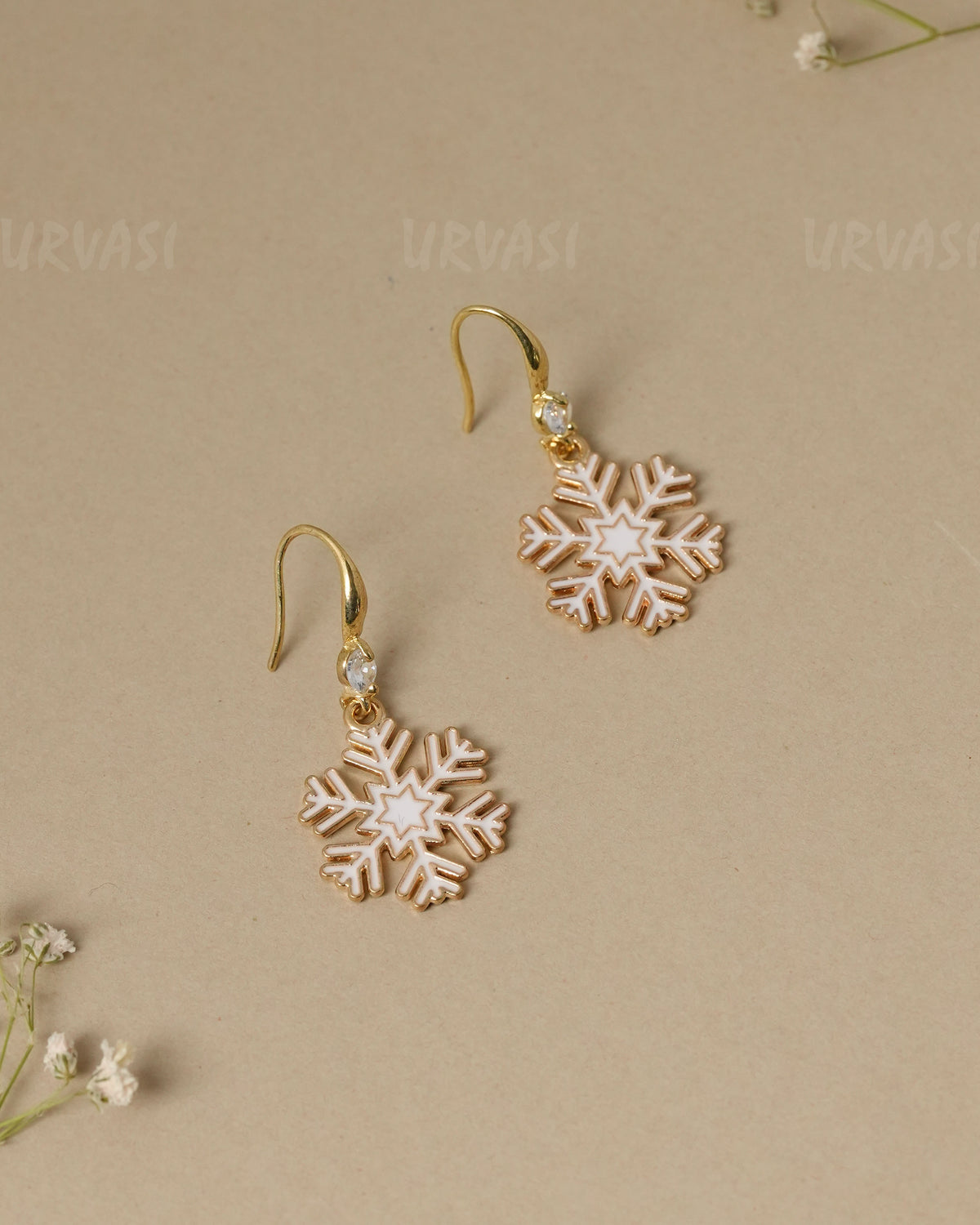 Gold and White Enamel Snowflake Drop Earrings ER 1324
