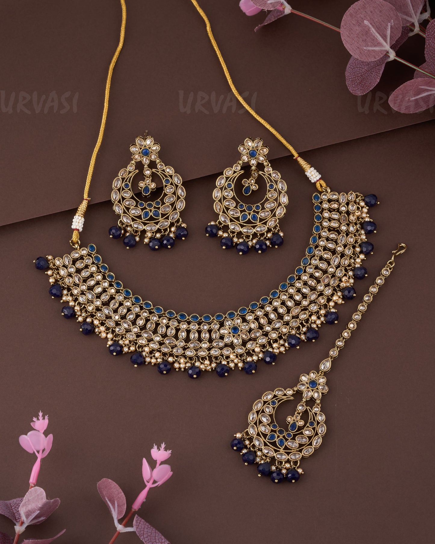 Premium Dark Blue+Mehendi Polish Necklace 851