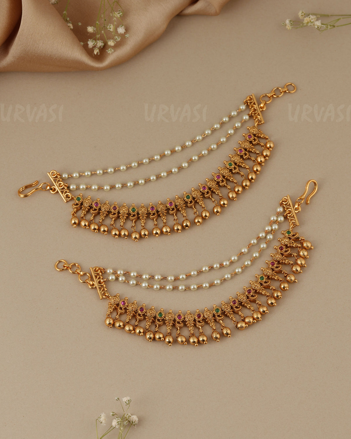Gold-Toned Three-Layer Flower Pearl Ear Chain EC 103