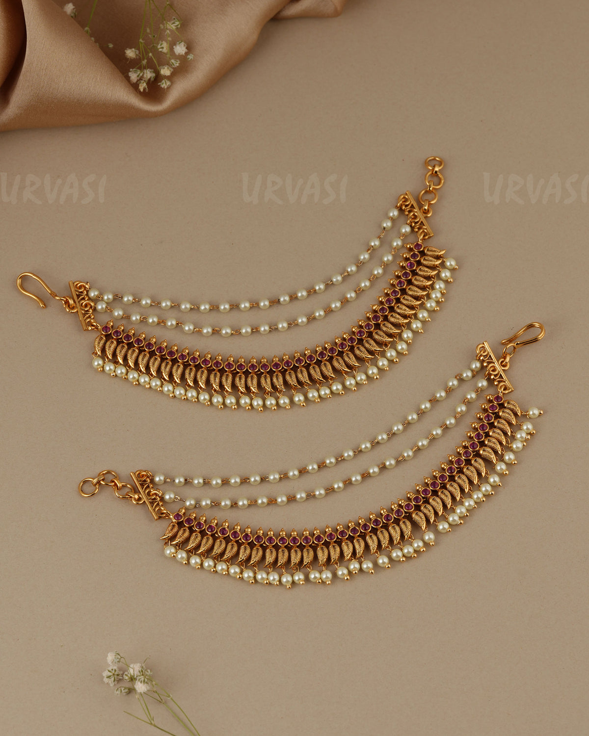 Gold-Toned Three layer Mango Beaded Ear chain EC 96