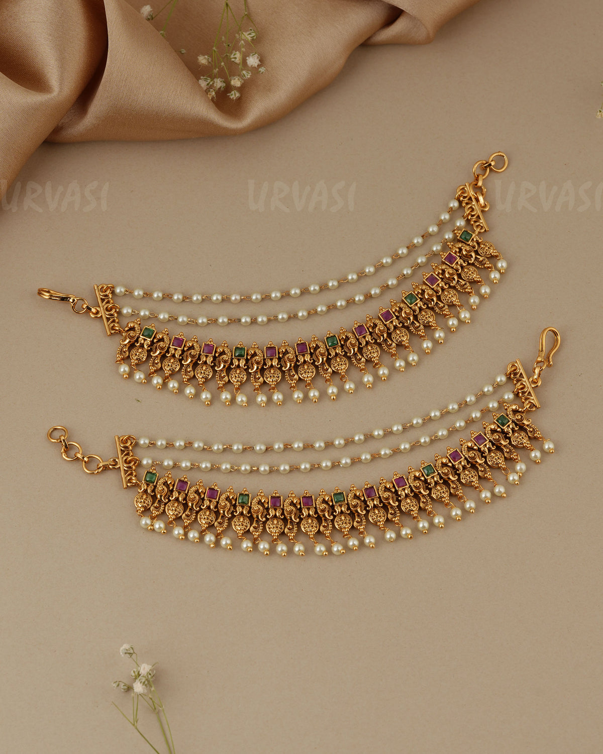 Gold - Toned Three- Layer Peacock Lakshmi Beaded Ear Chain EC 94