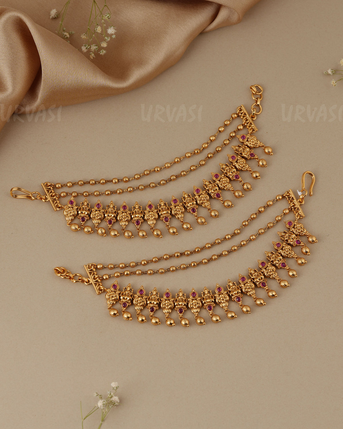 Gold-Toned Three-Layer Lakshmi And Flower Ear Chain EC 105