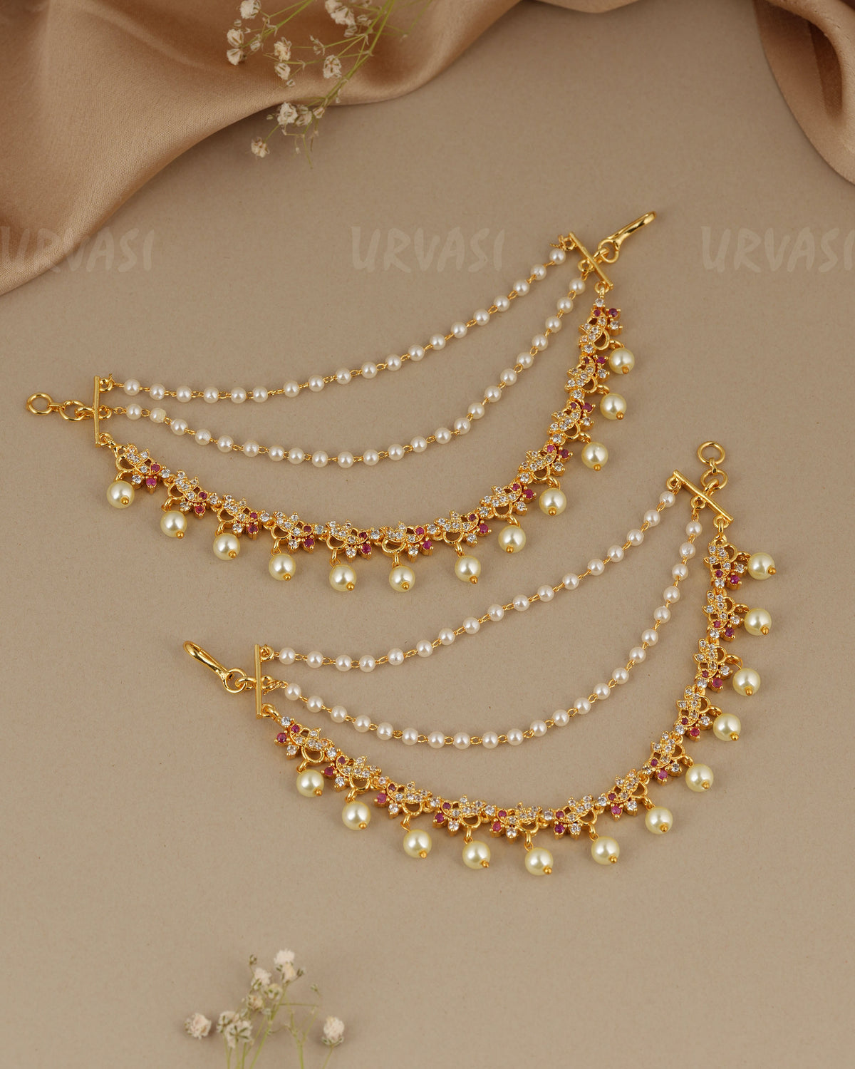 Gold-Toned Three-Layer Pearl Beaded Stone with Pearl Drops EC 119