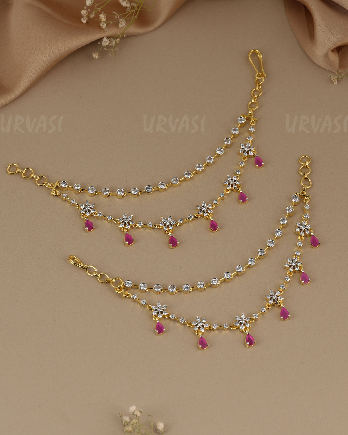 Gold-Toned Three-Layer Stone Flower Ear Chain EC 118
