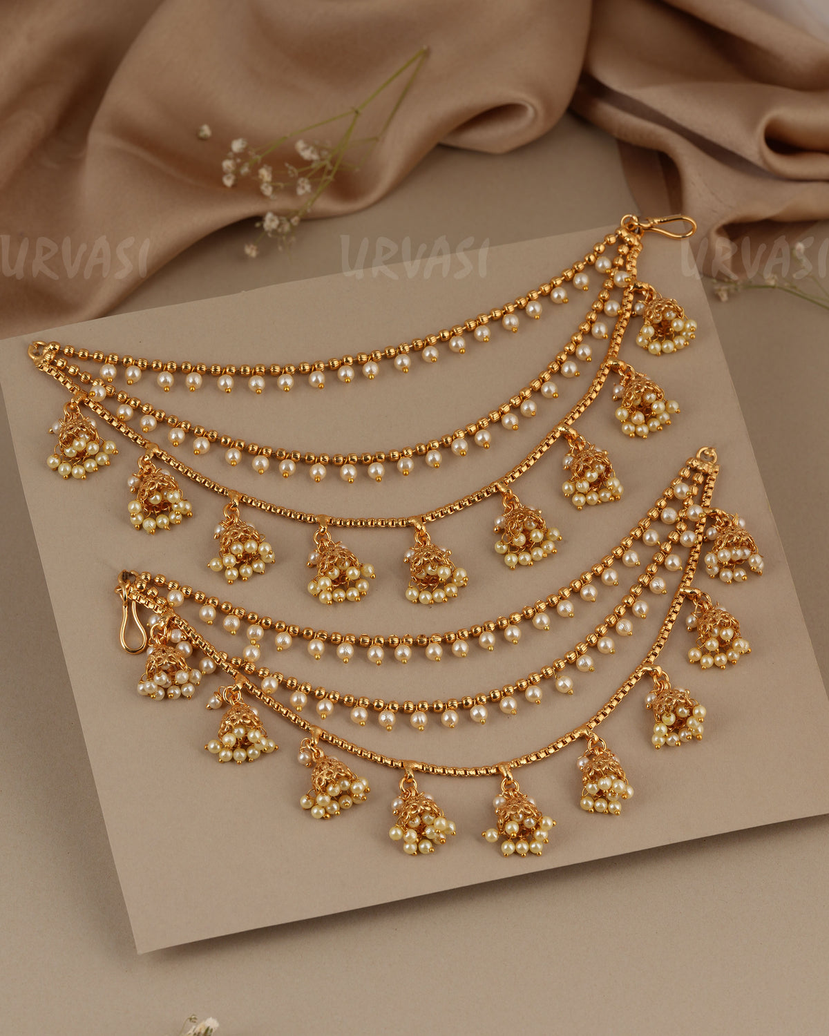 Three-layered pearl strand design hanging jhumki charms Ear Chain EC 129