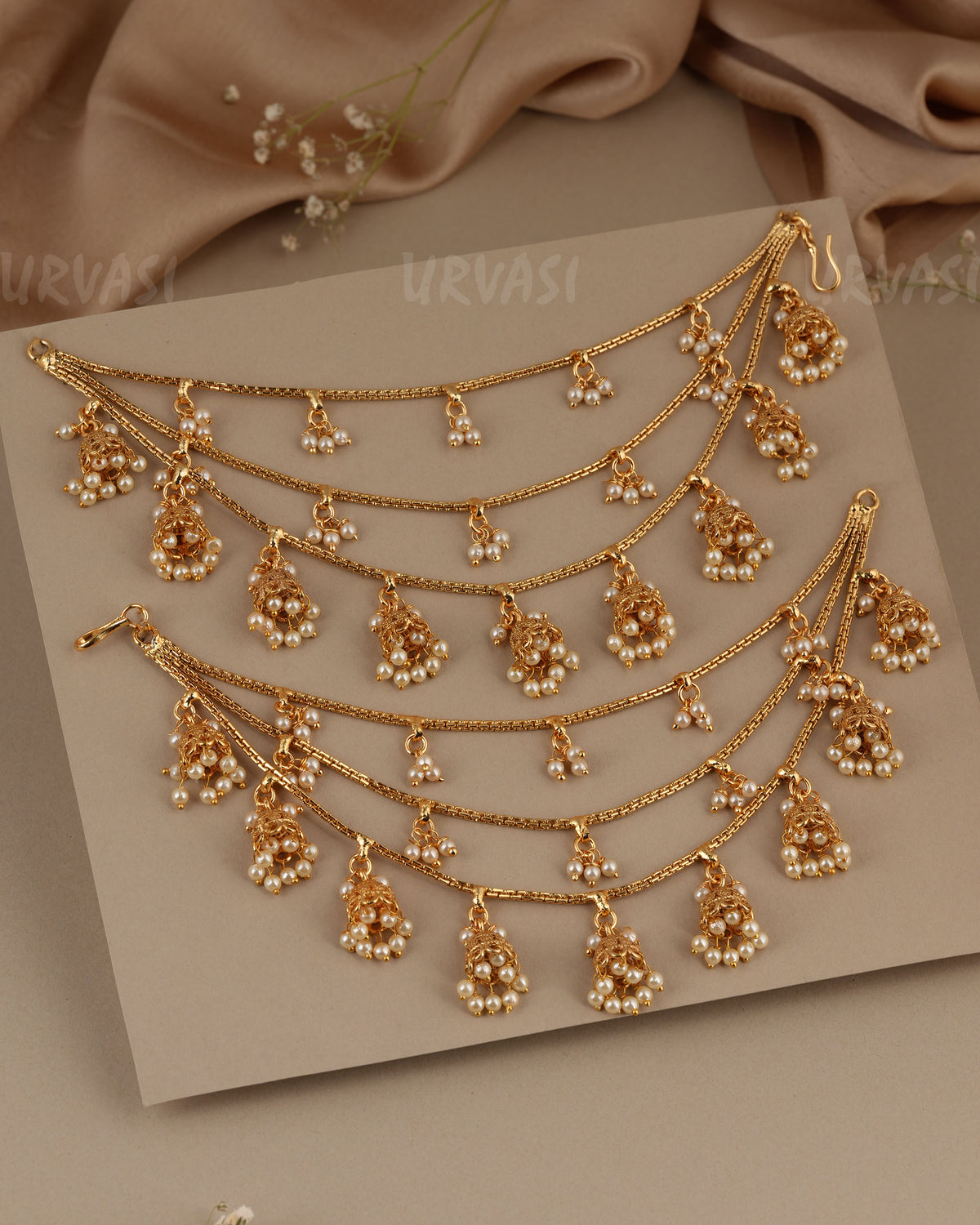 Three-layered pearl strand design hanging jhumki charms Ear Chain EC 130