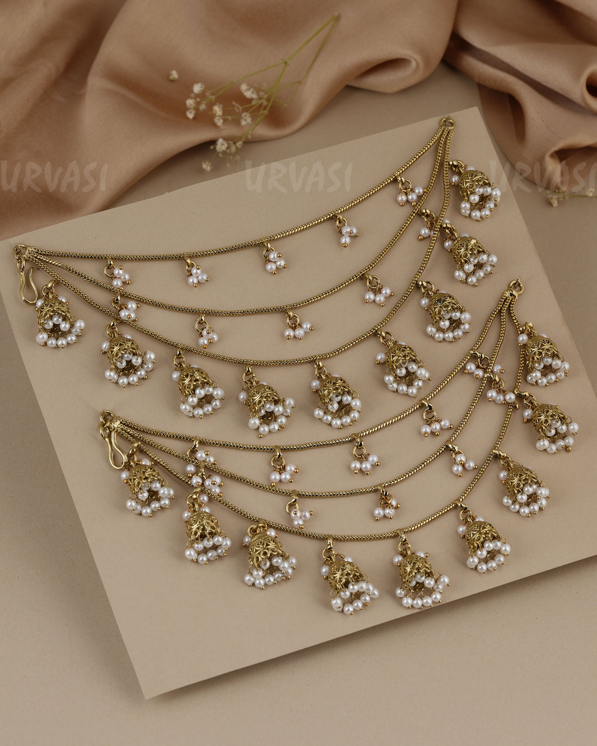 Three-layered Mehendi pearl strand design hanging jhumki charms Ear Chain EC 131