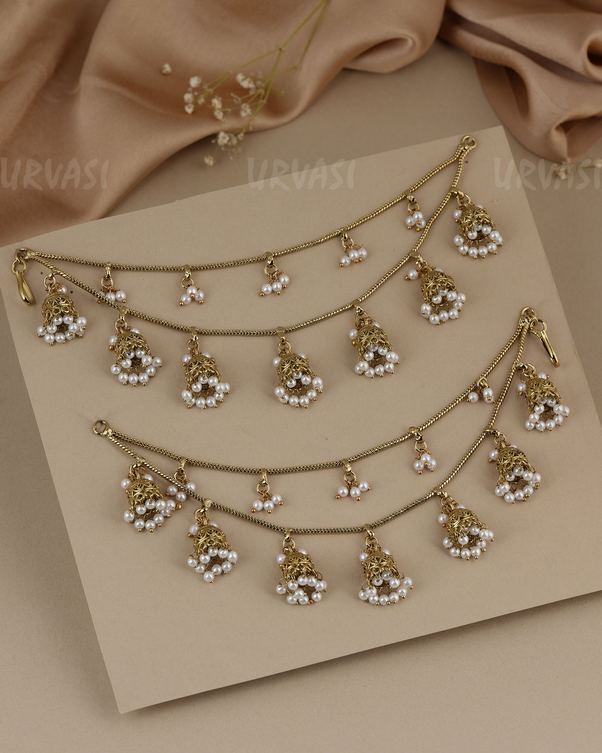Two-layered Mehendi pearl strand design hanging jhumki charms Ear Chain EC 132