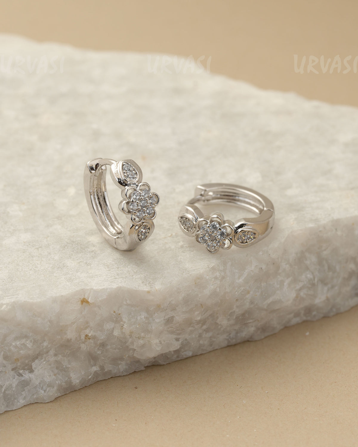 Rhodium-Polished Floral AD Hoop Earring ER 1439